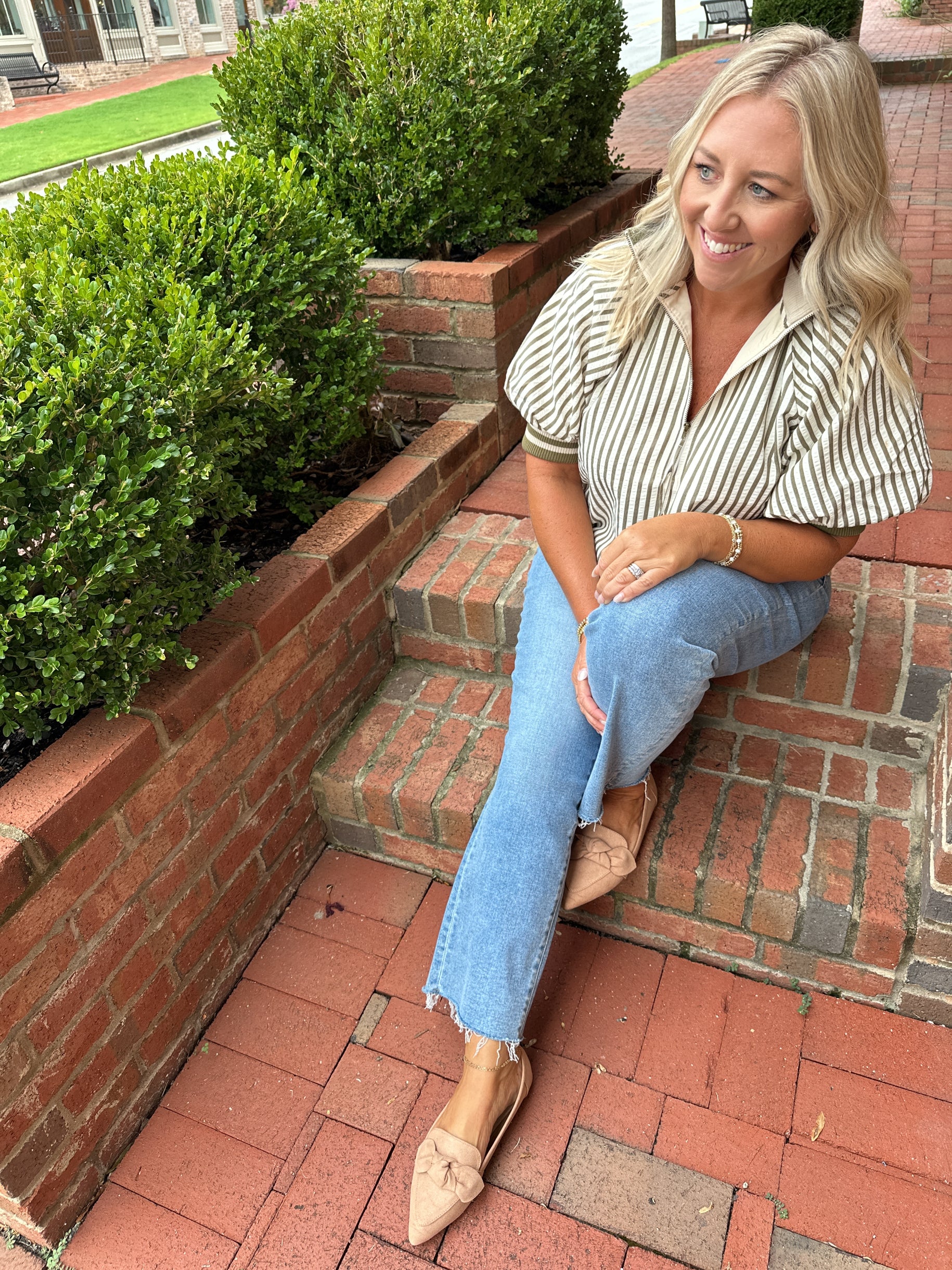 All Along Striped Quarter Zip Bubble Sleeve Top
