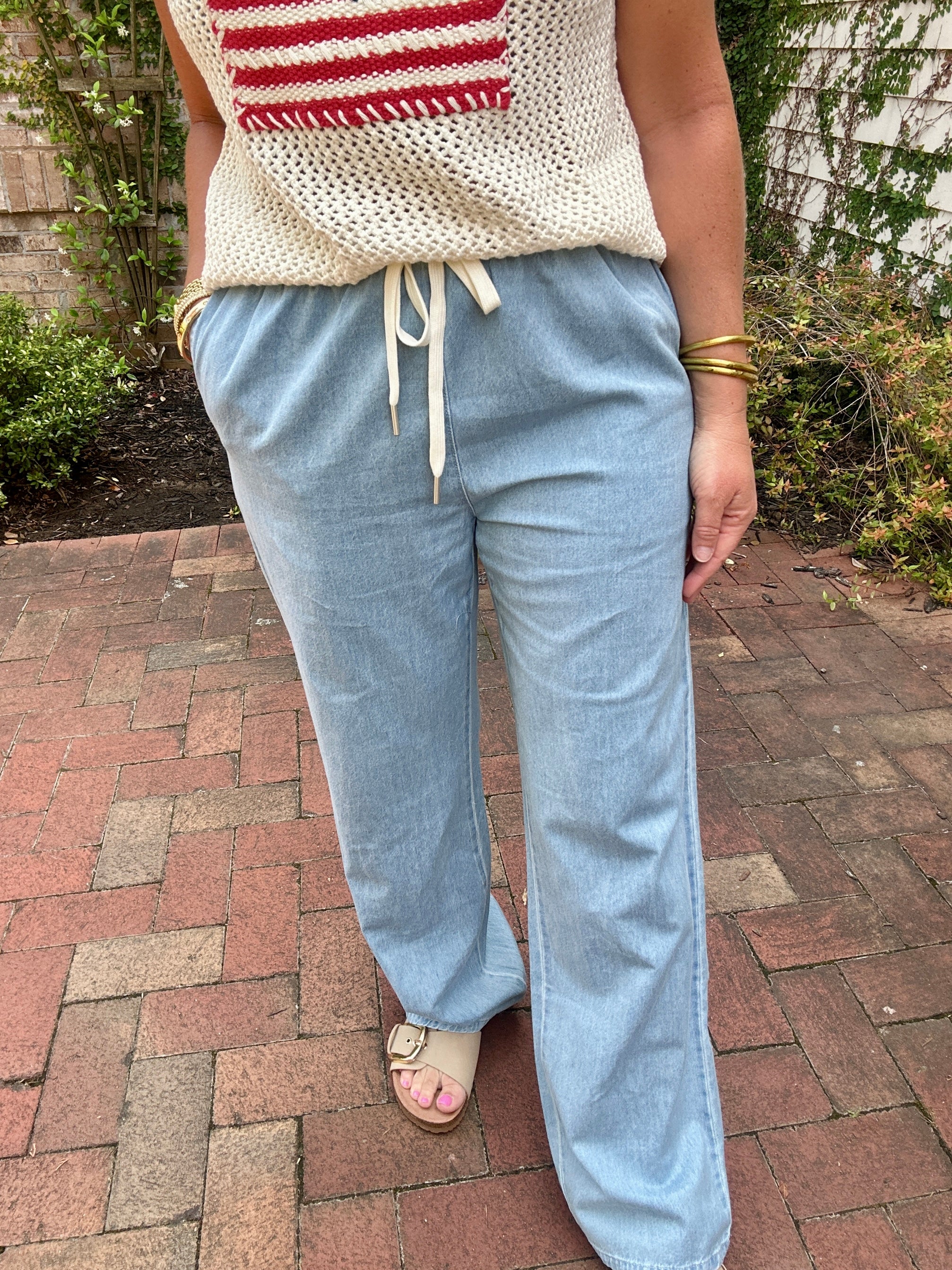 Running It Out High Rise Drawstring Straight Soft Denim Pants