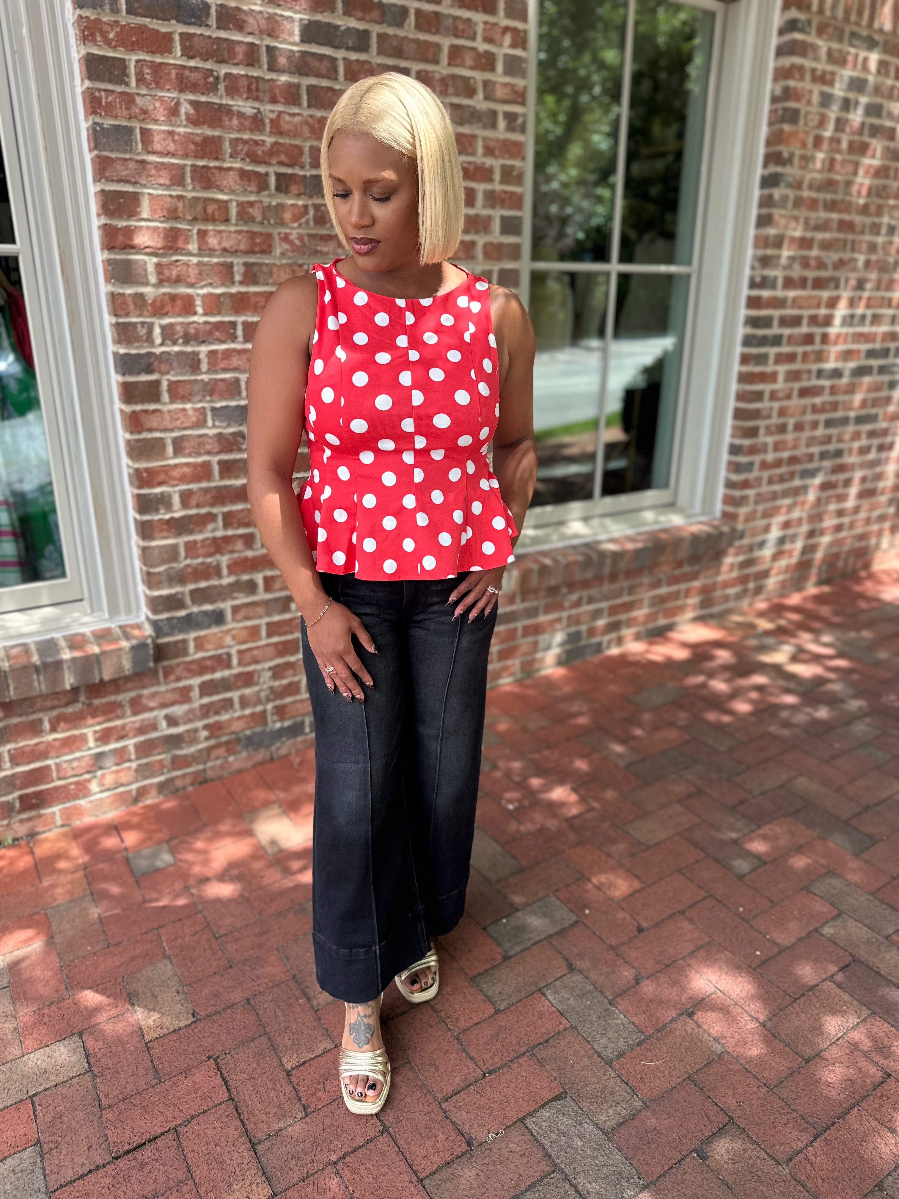 Spotted in Denim Peplum Tank Top in Red