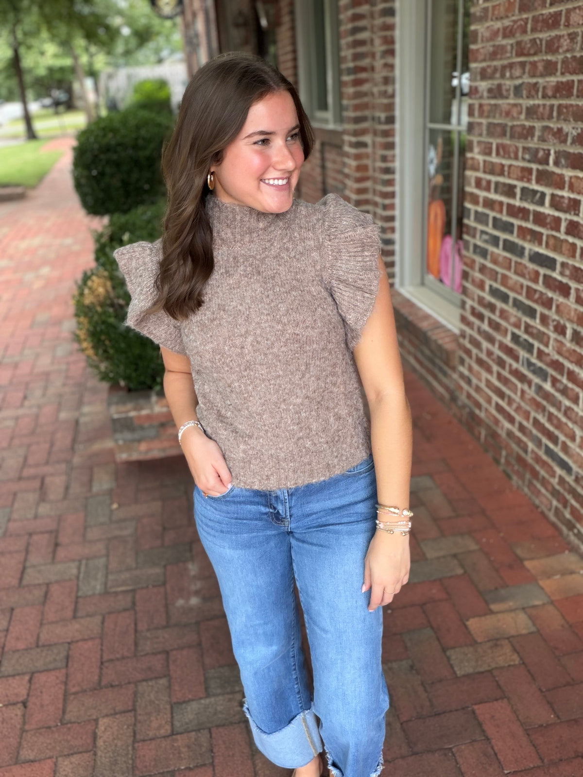 Ruffle Sleeve Mock Neck Ribbed Sweater In Taupe