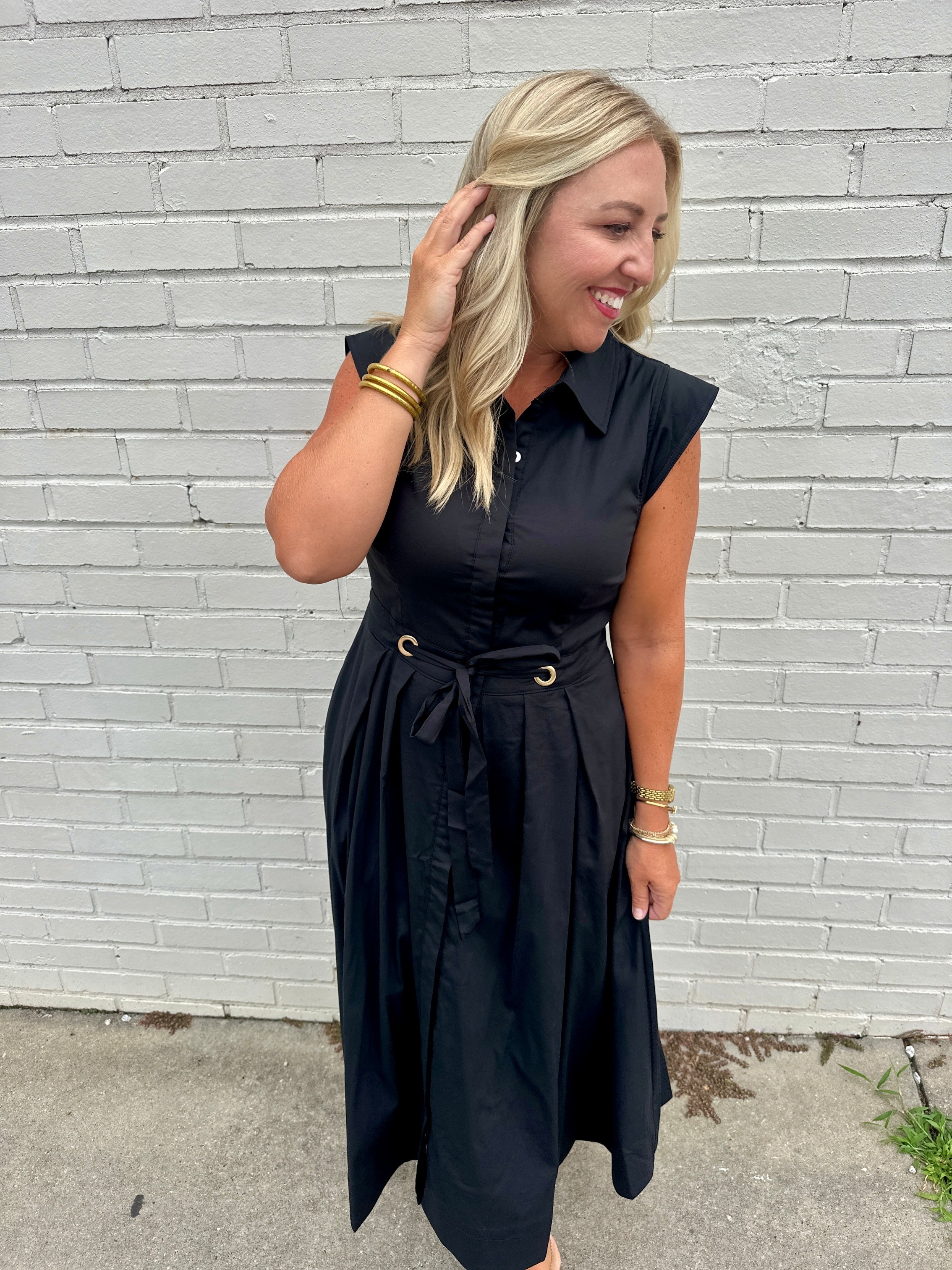 Classic in Black Midi Dress with Cinched Waist