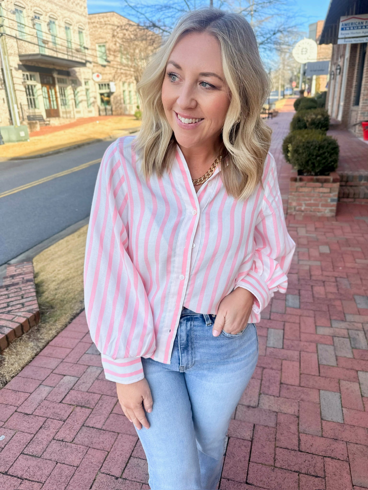 Use Me Striped Button Down Long Sleeve Collar Top