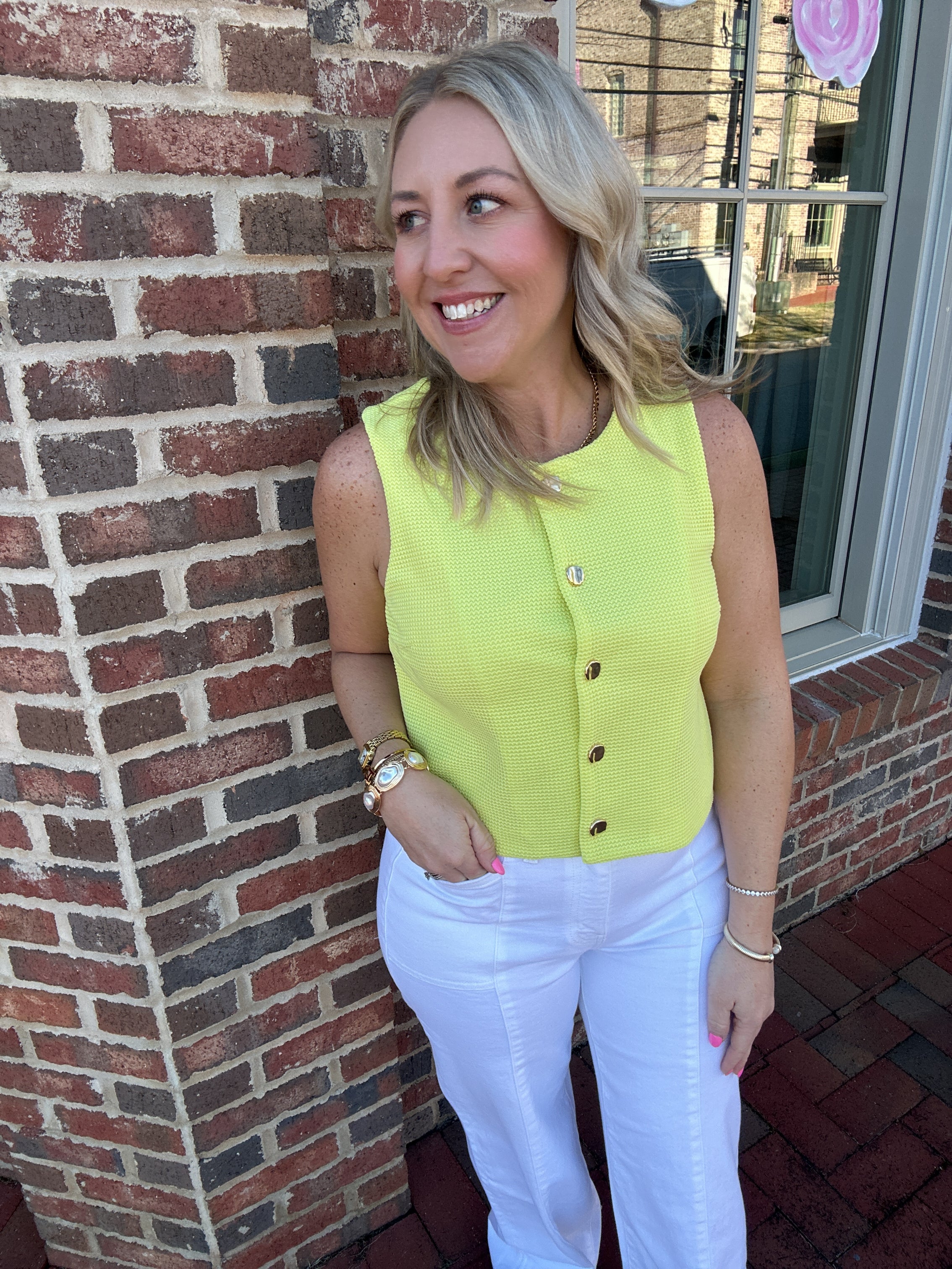 In A Hurry Gold Button Down Knit Sleeveless Top
