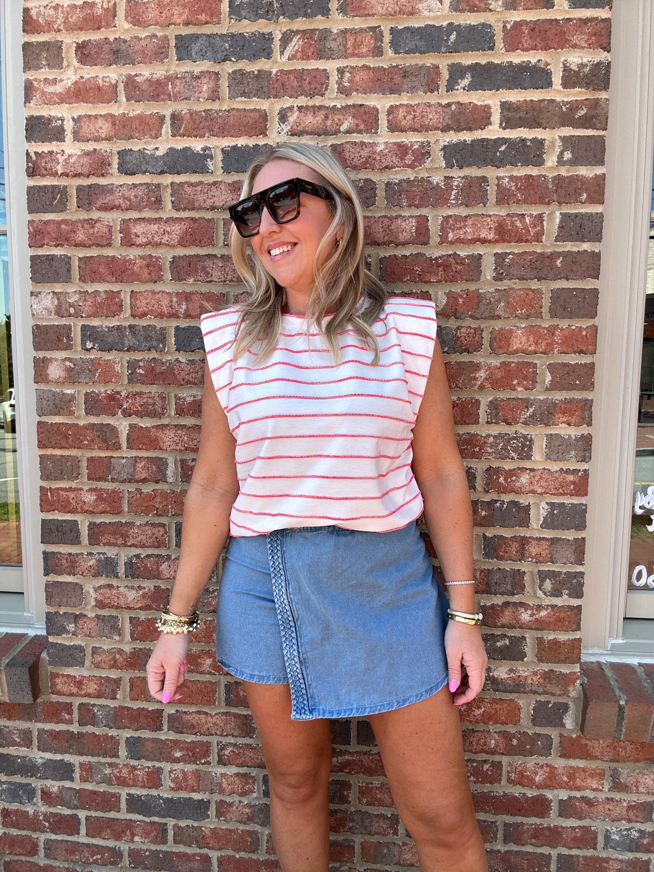 American Girl Summer Striped Padded Shoulder Sleeveless Top