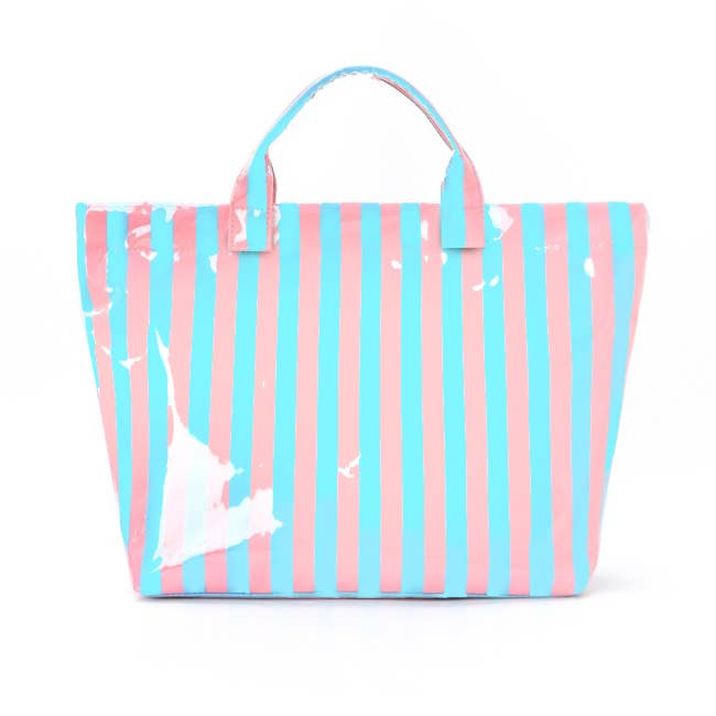 Large Striped Vinyl Tote Bags- Blue/Pink