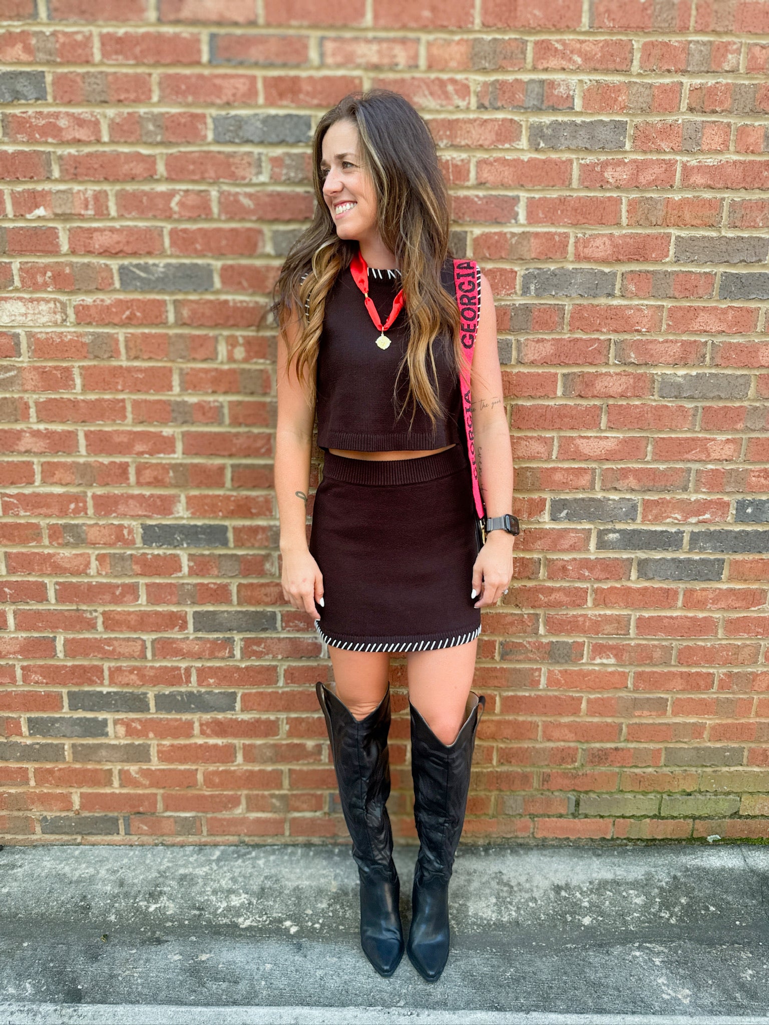 All The Way Up Border Cross Stitching Sleeveless Knit Top With Skirt