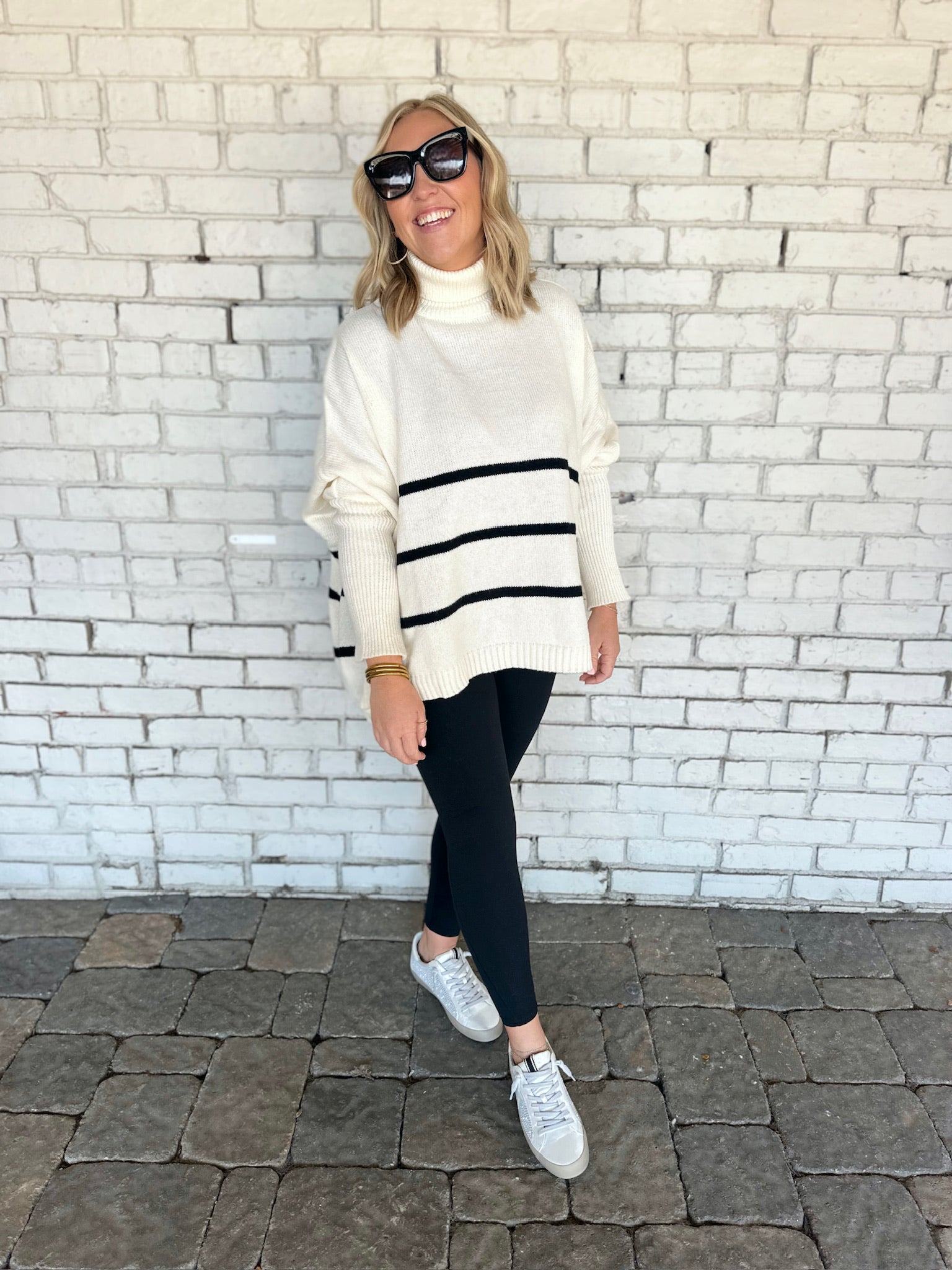 Cozy Days Ahead Striped Turtle Neck Sweater-Warm White