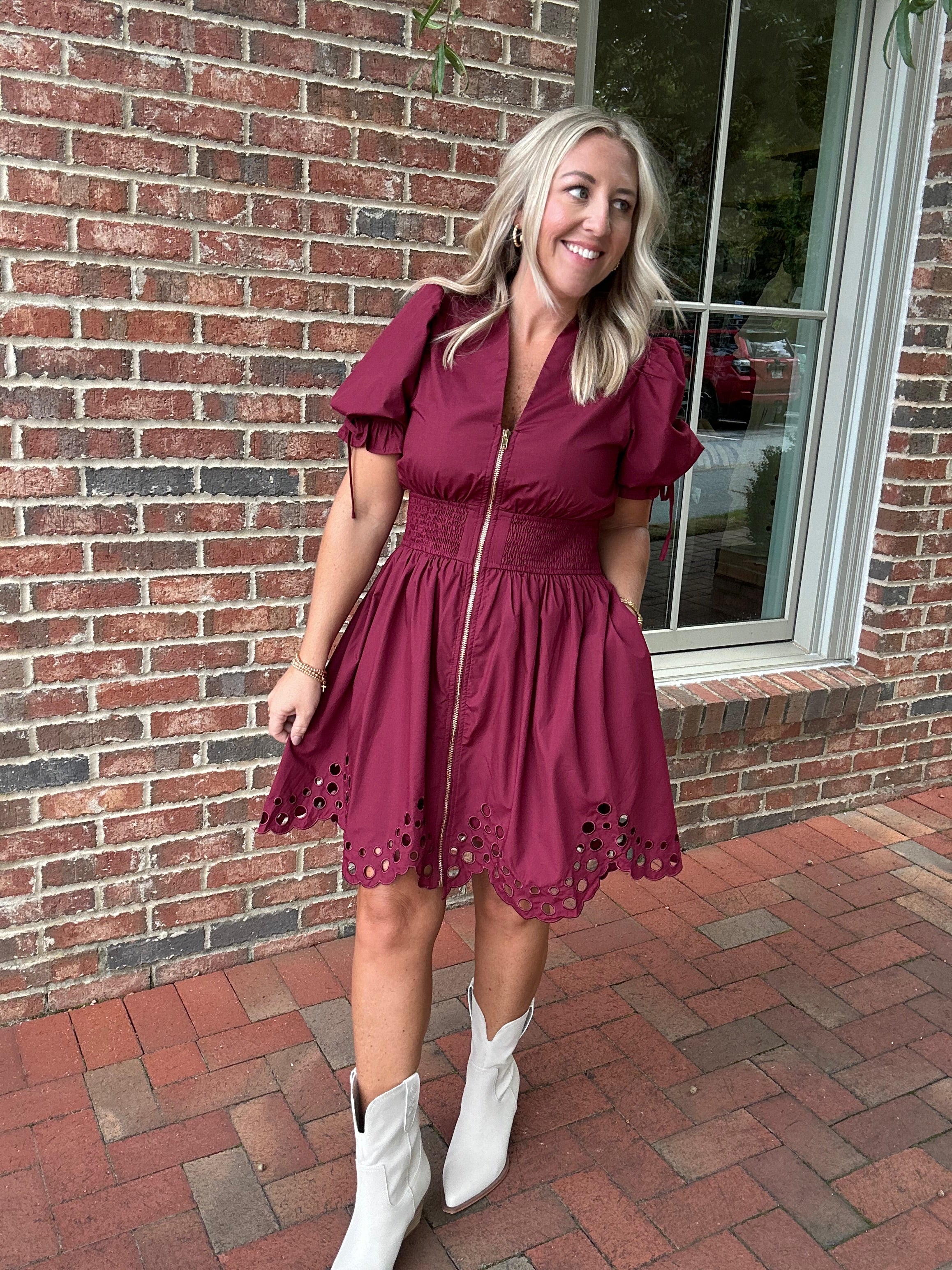 Casey Eyelet Pattern Bubble Sleeve With Tie Mini Dress