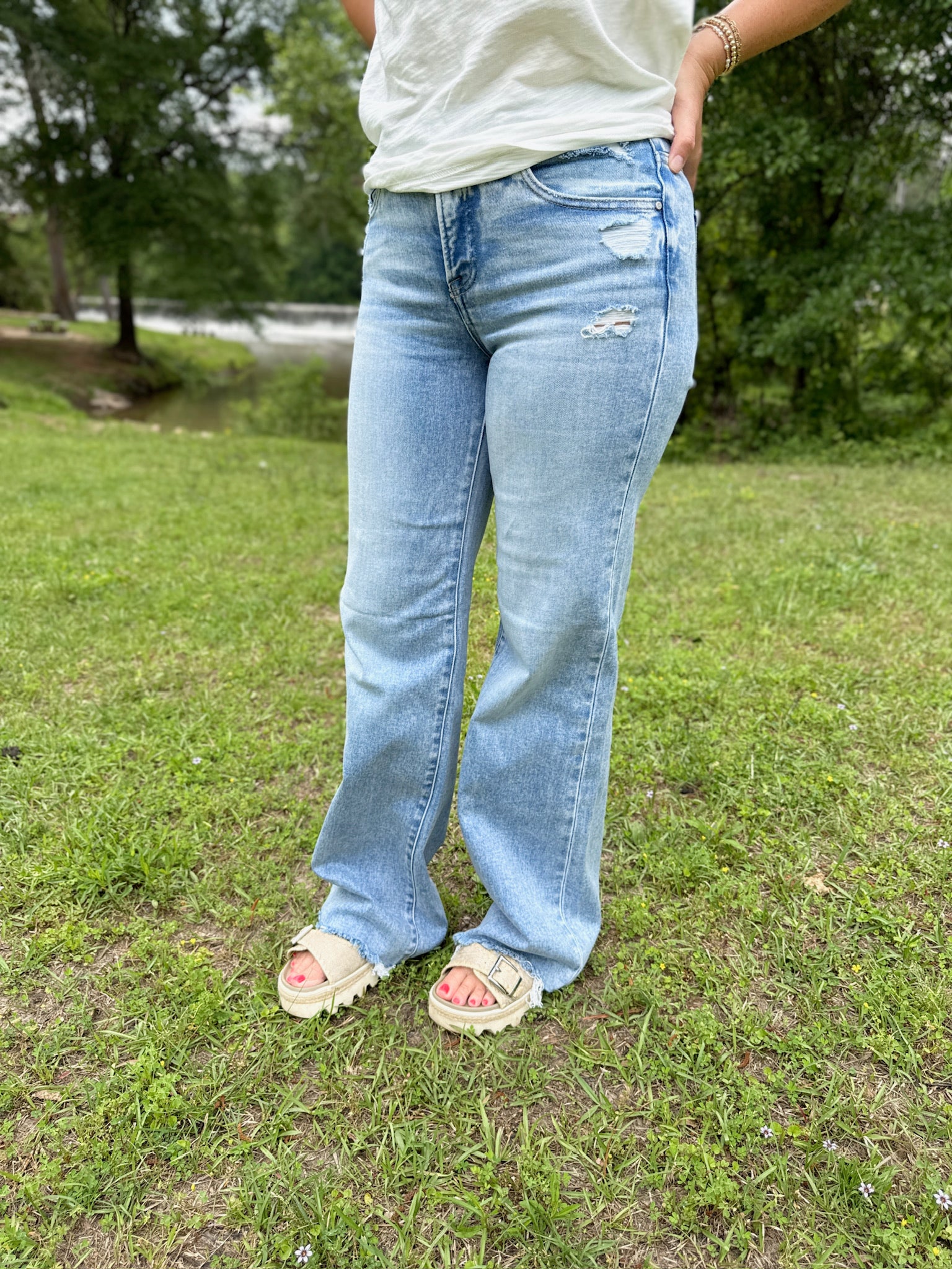 On My Own Mid Rise Wide Leg Light Wash Jeans