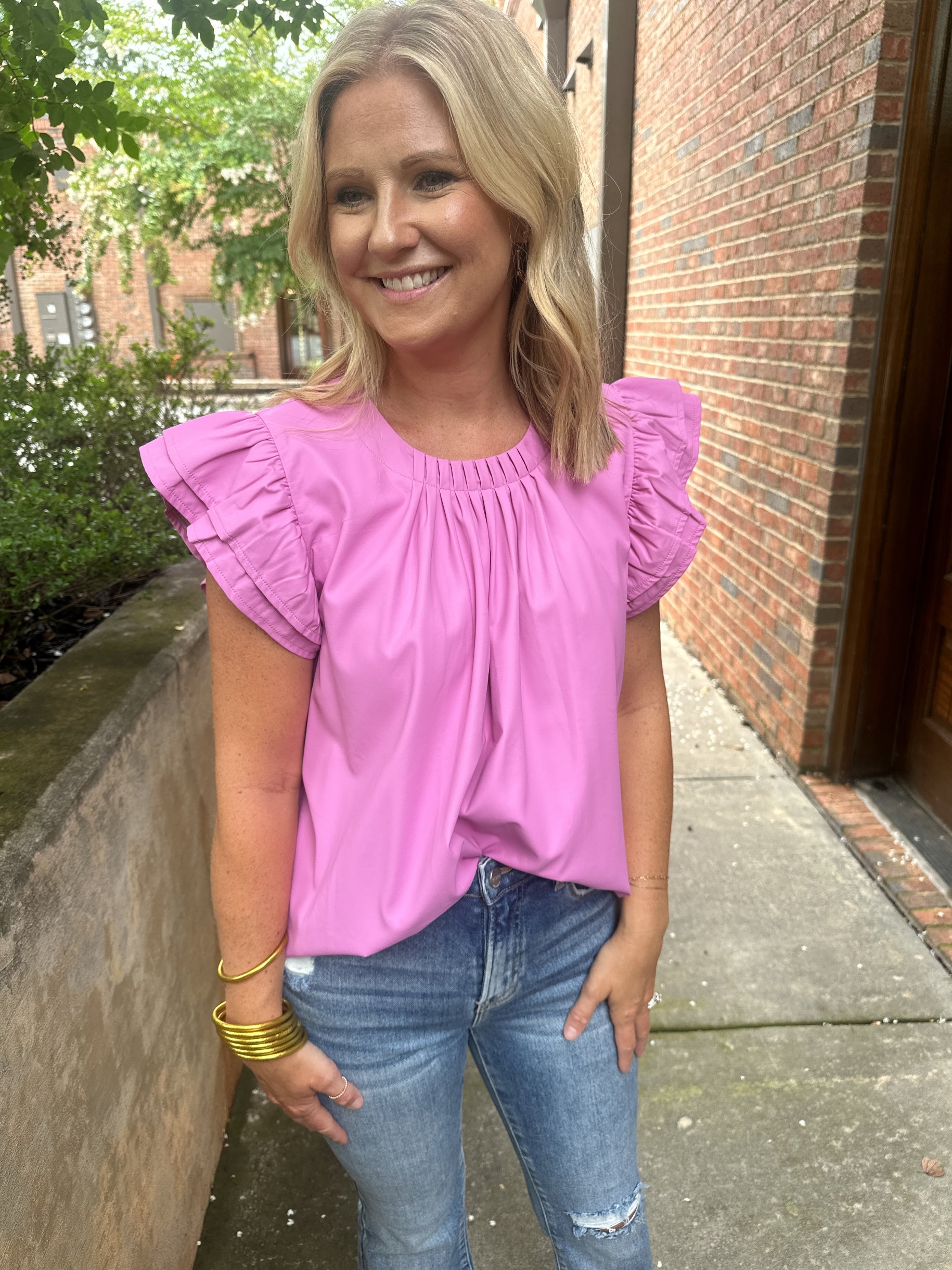 Cute And Classy Flutter Sleeve Faux Leather Top-Pink