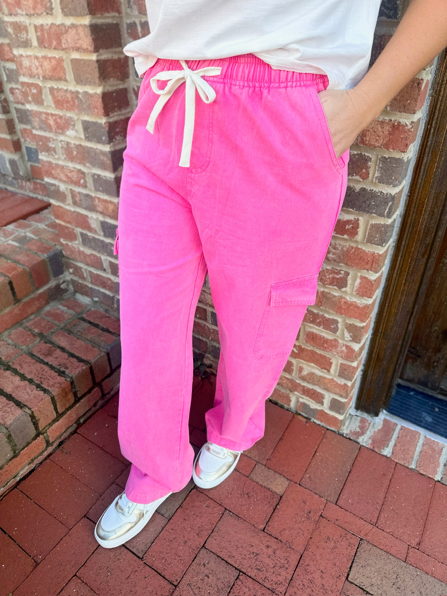 Small Town Washed Denim Drawstring Cargo Pants in Pink