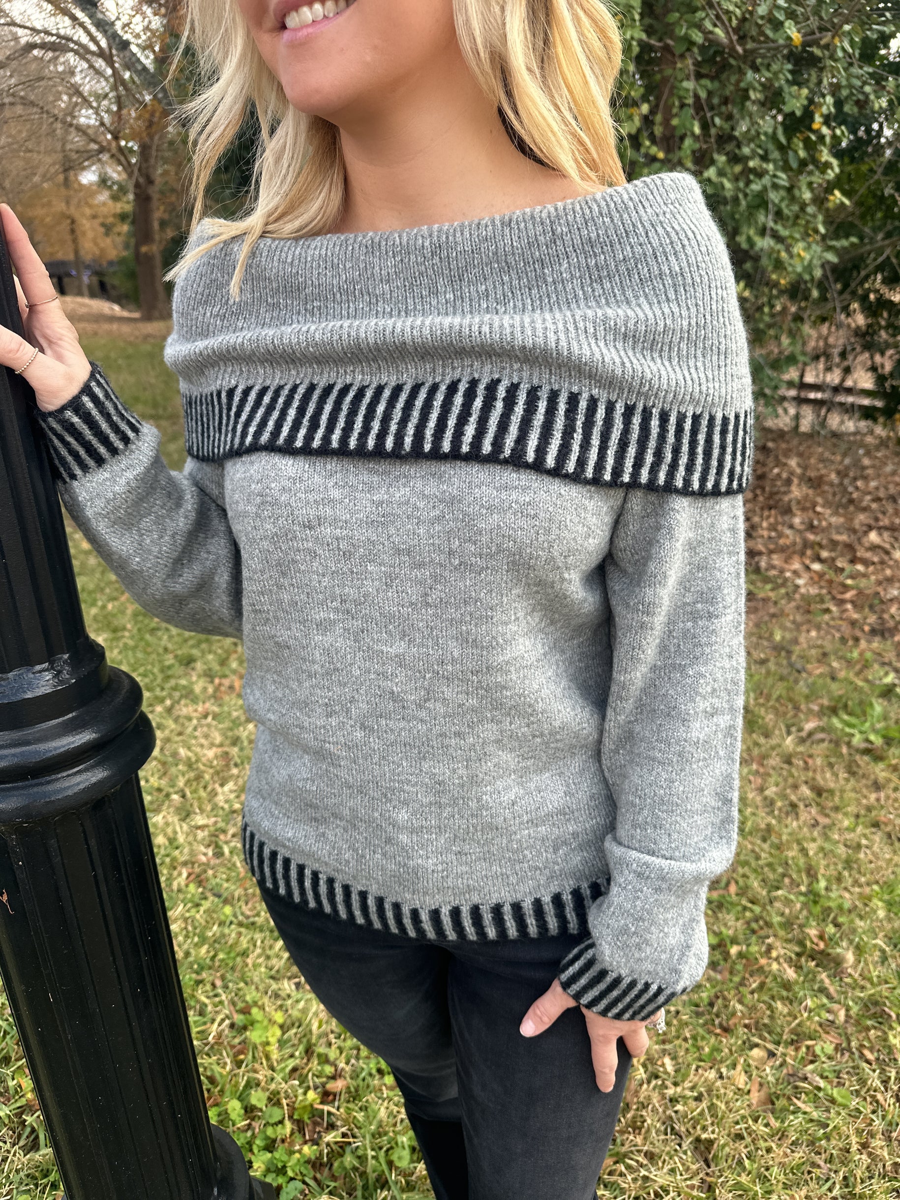 Sleigh All Day Off The Shoulder Long Sleeve Sweater in Grey/Black