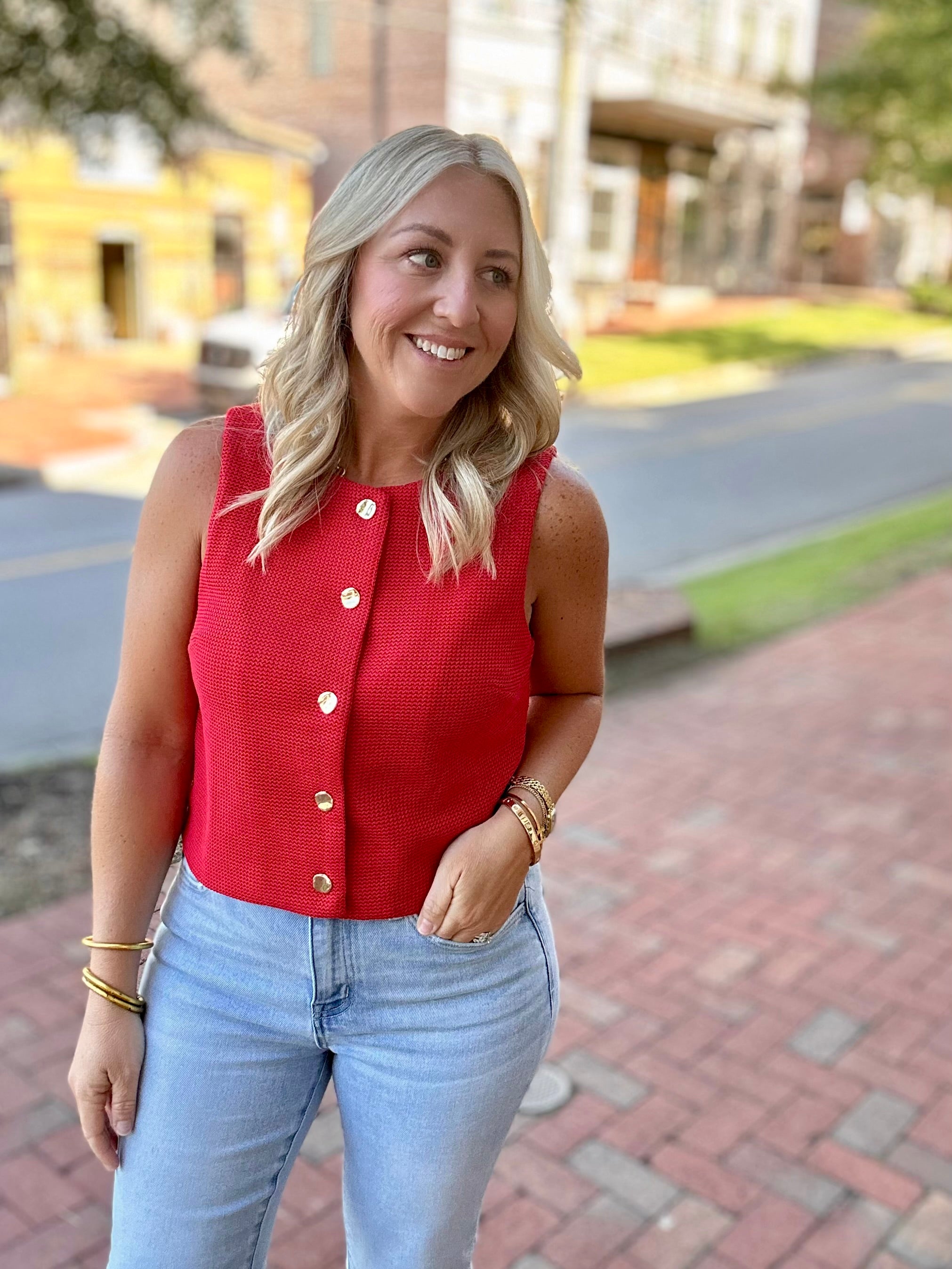 In A Hurry Gold Button Down Knit Sleeveless Top in Red