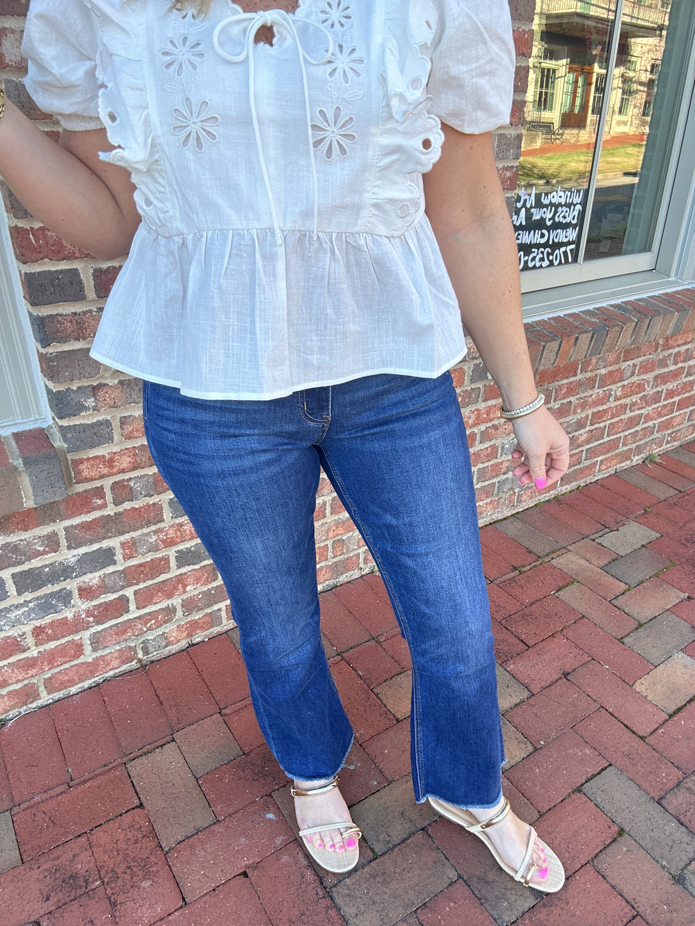 Privilege Mid Rise Raw Hem Kick Flare Jeans