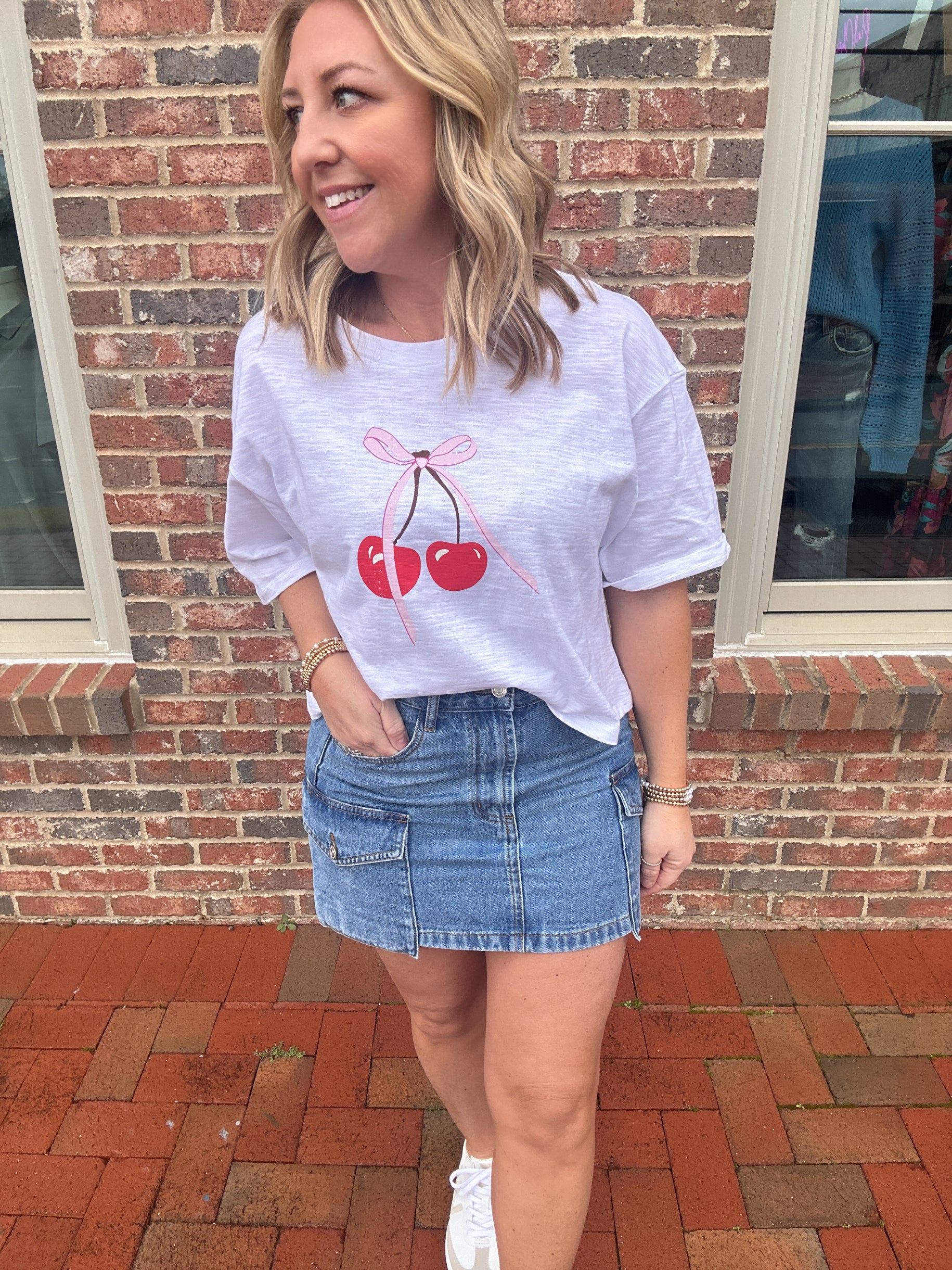 Cherry on Top with Bow Short Sleeve Cropped Top In White