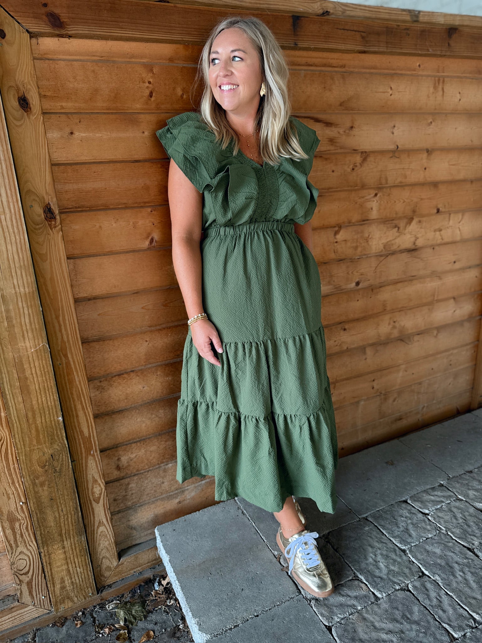 Back Home Flutter Sleeve Textured Maxi Dress