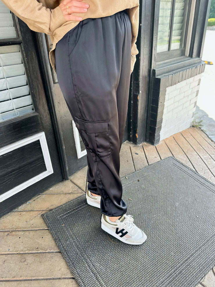 Who Needs You Satin Black Cargo Joggers