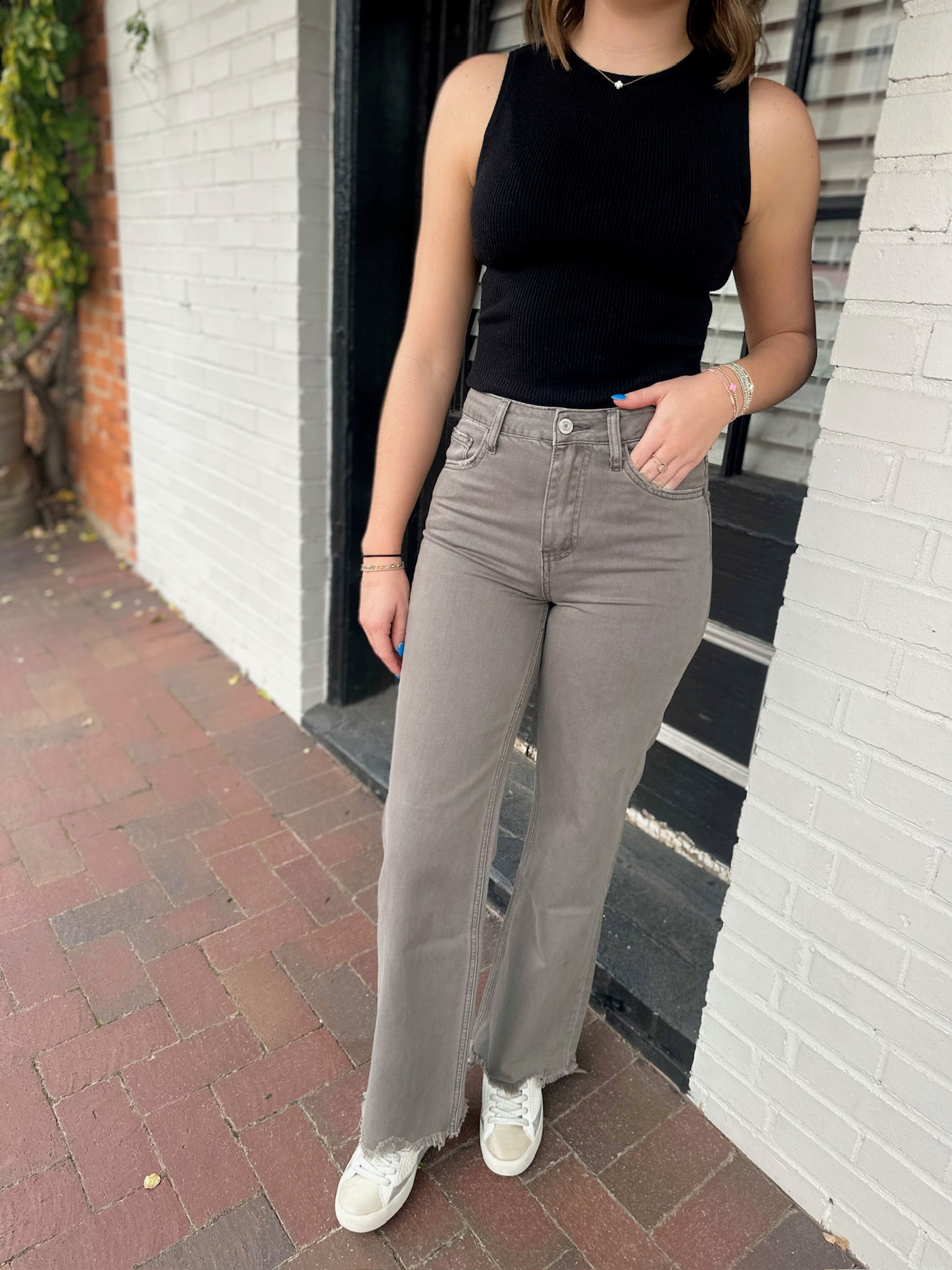 Smokey Olive 90's Vintage Flare High Rise with Hem Detail Jeans