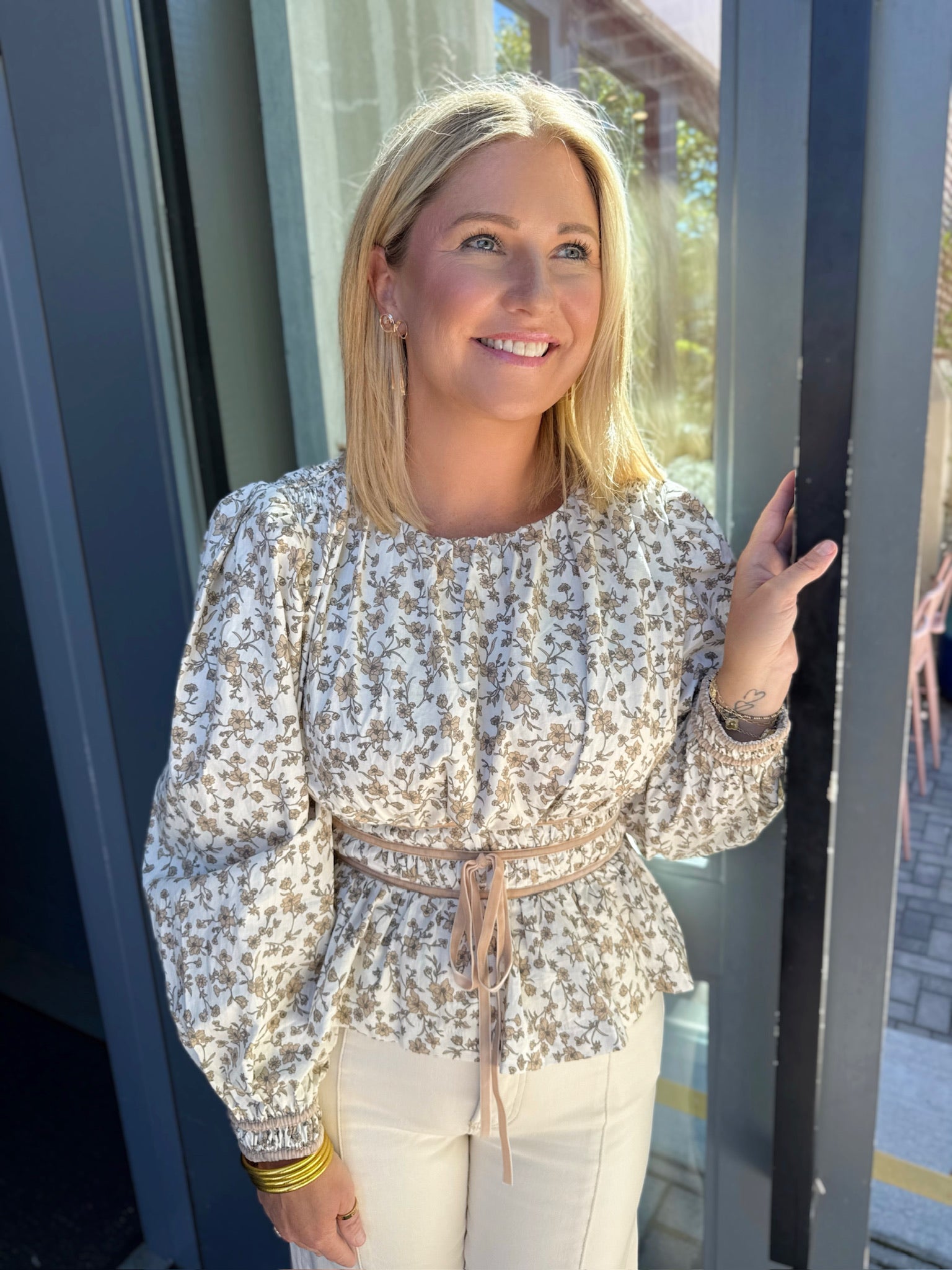 Try A Little Bit More Floral Long Sleeve Cinched Waist Top