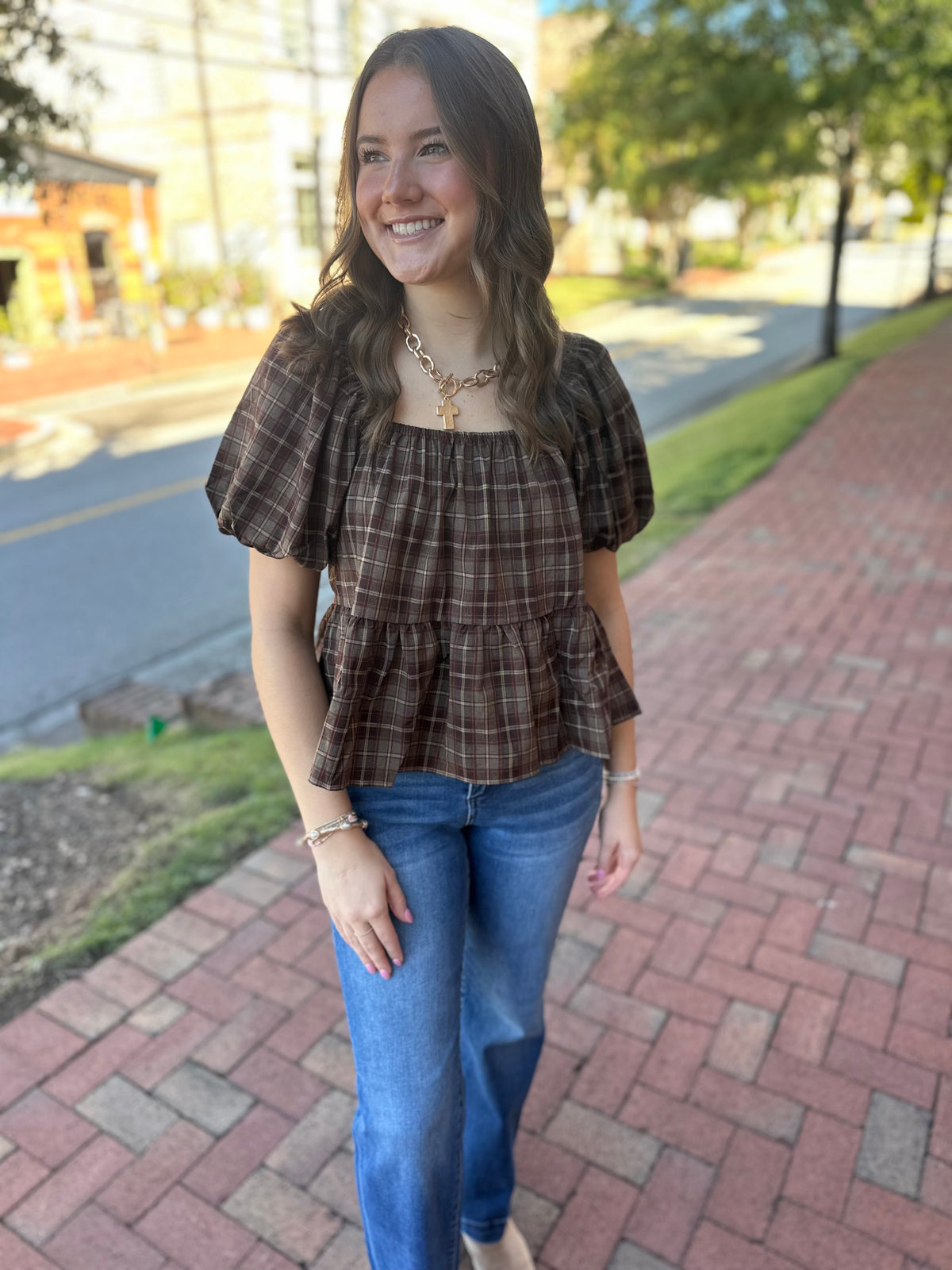 Espresso Plaid Square Neck Peplum Blouse