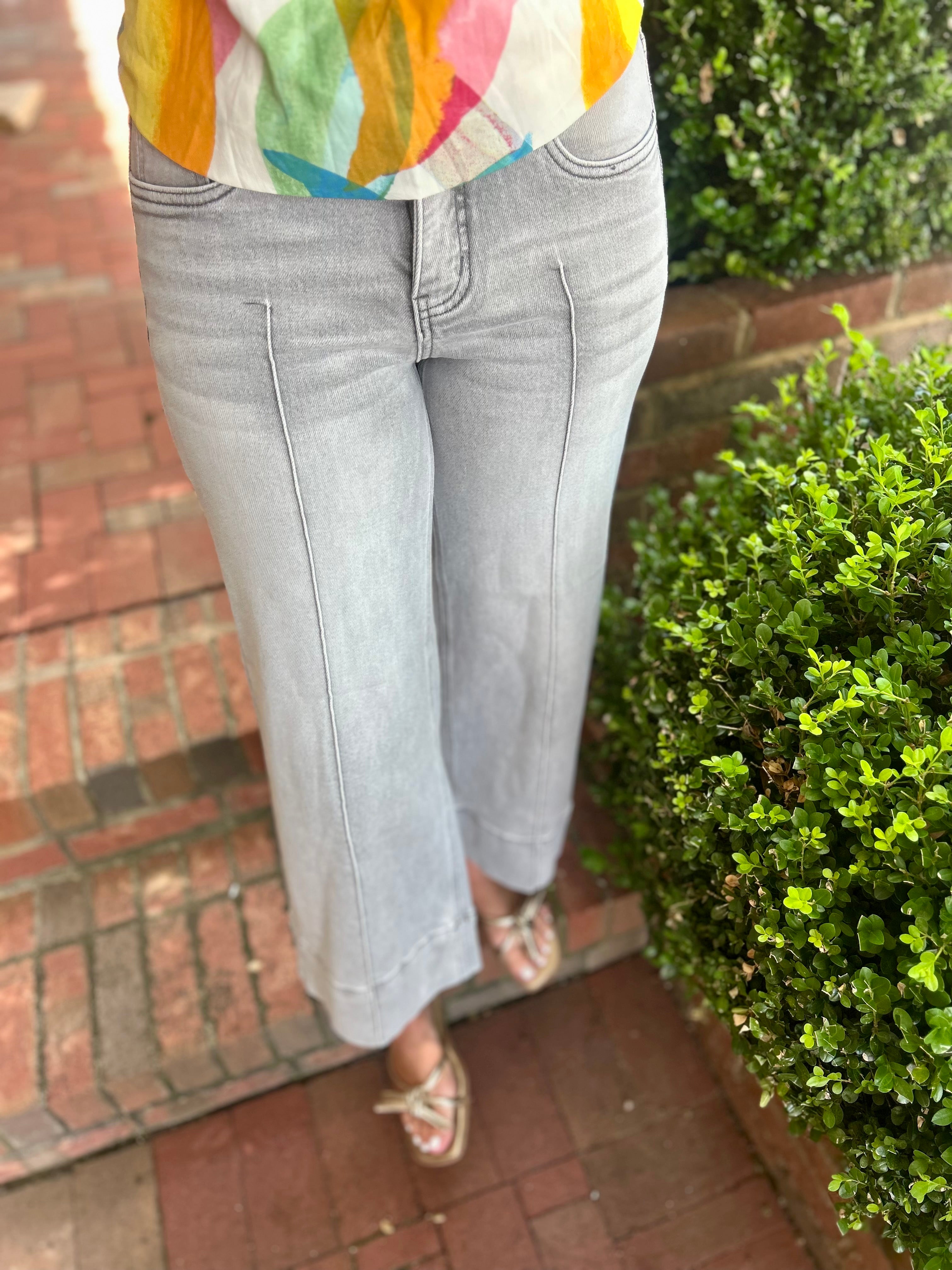 Sophia Grey Mid Rise Crop Wide Leg Pintuck Jeans