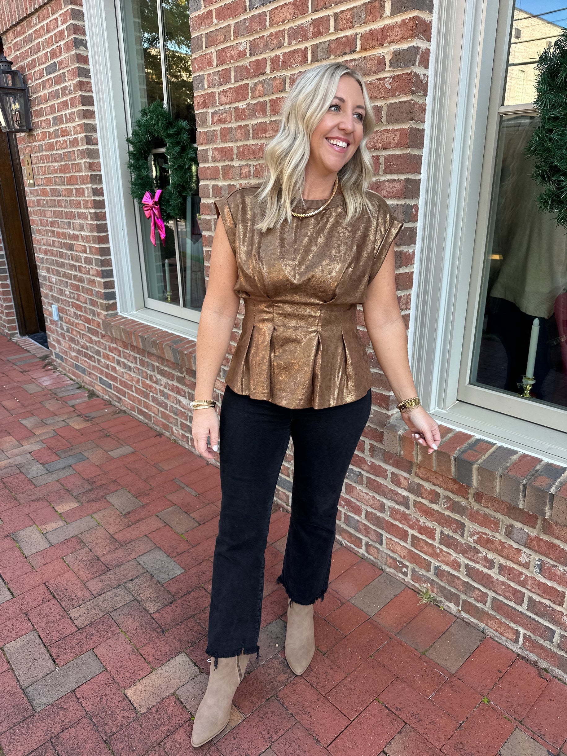 Take My Hand Metallic Structured Peplum Top