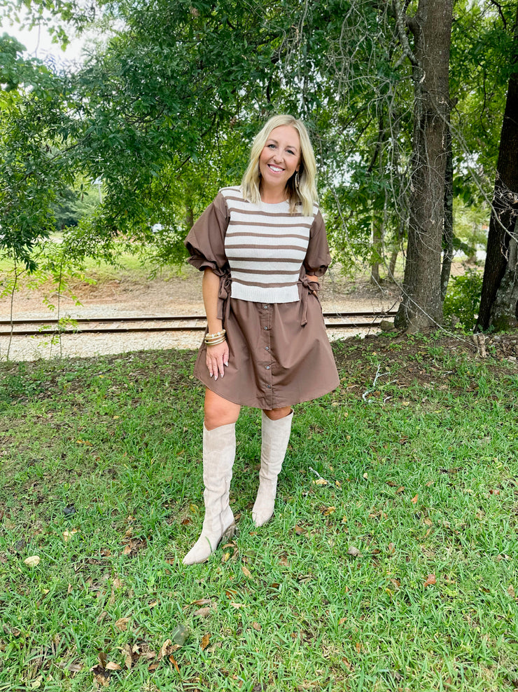 Gorgeous Striped Brown Sweater Vest Bubble Sleeve Mini Dress