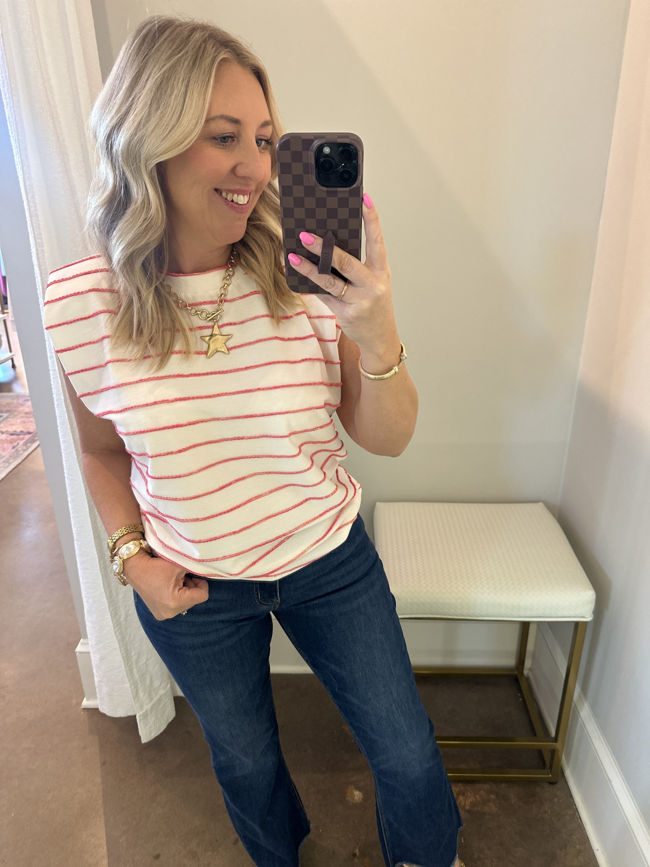 American Girl Summer Striped Padded Shoulder Sleeveless Top