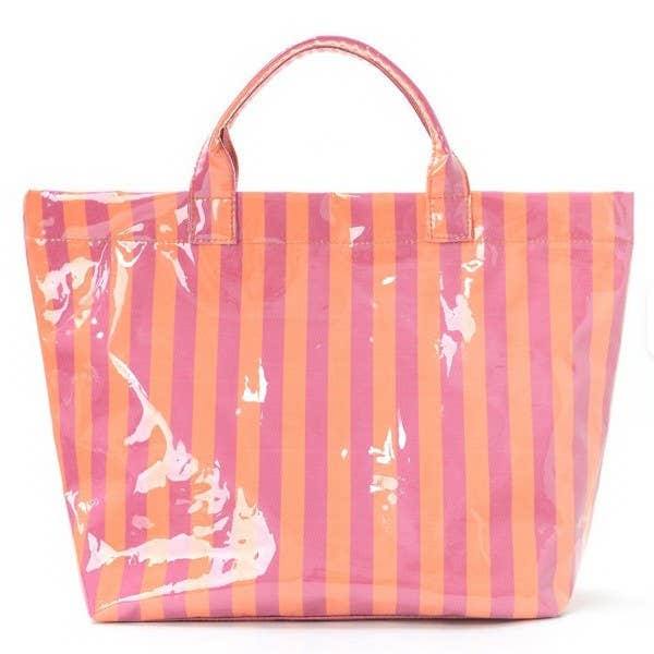 Large Striped Vinyl Tote Bags- Pink/Orange