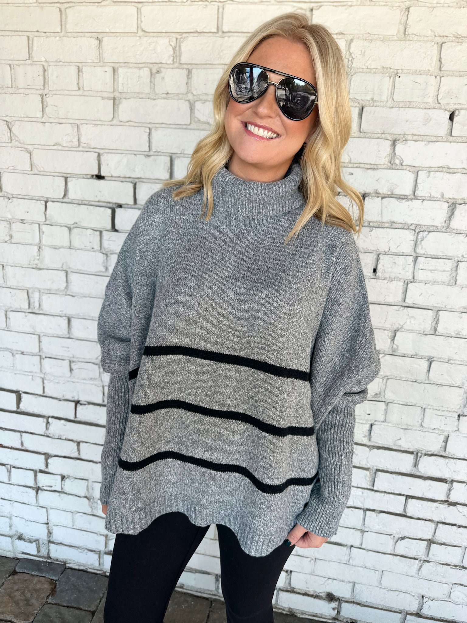 Cozy Days Ahead Striped Turtle Neck Sweater-Heather Gray