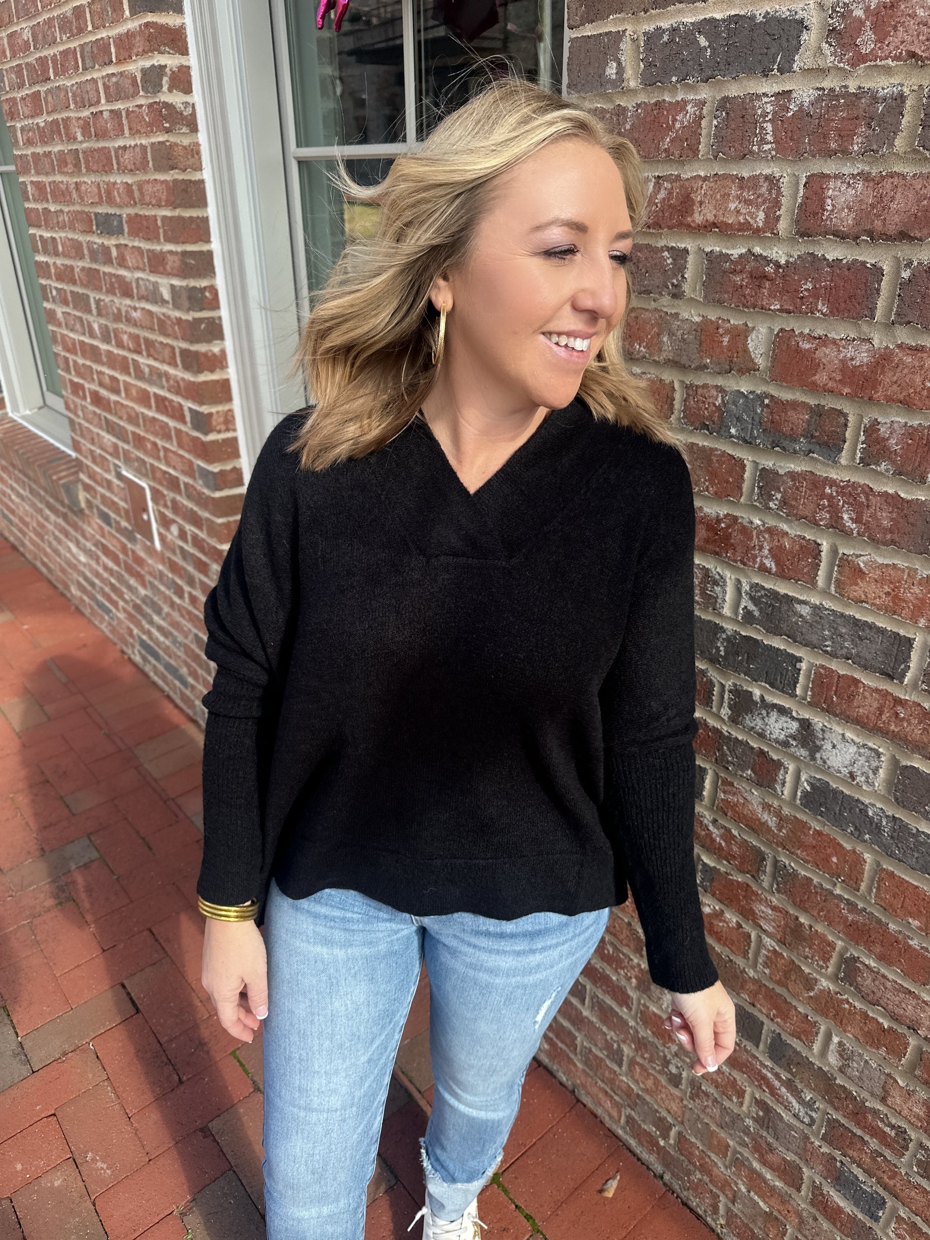 City Girl V Neck Super Soft Sweater in Black