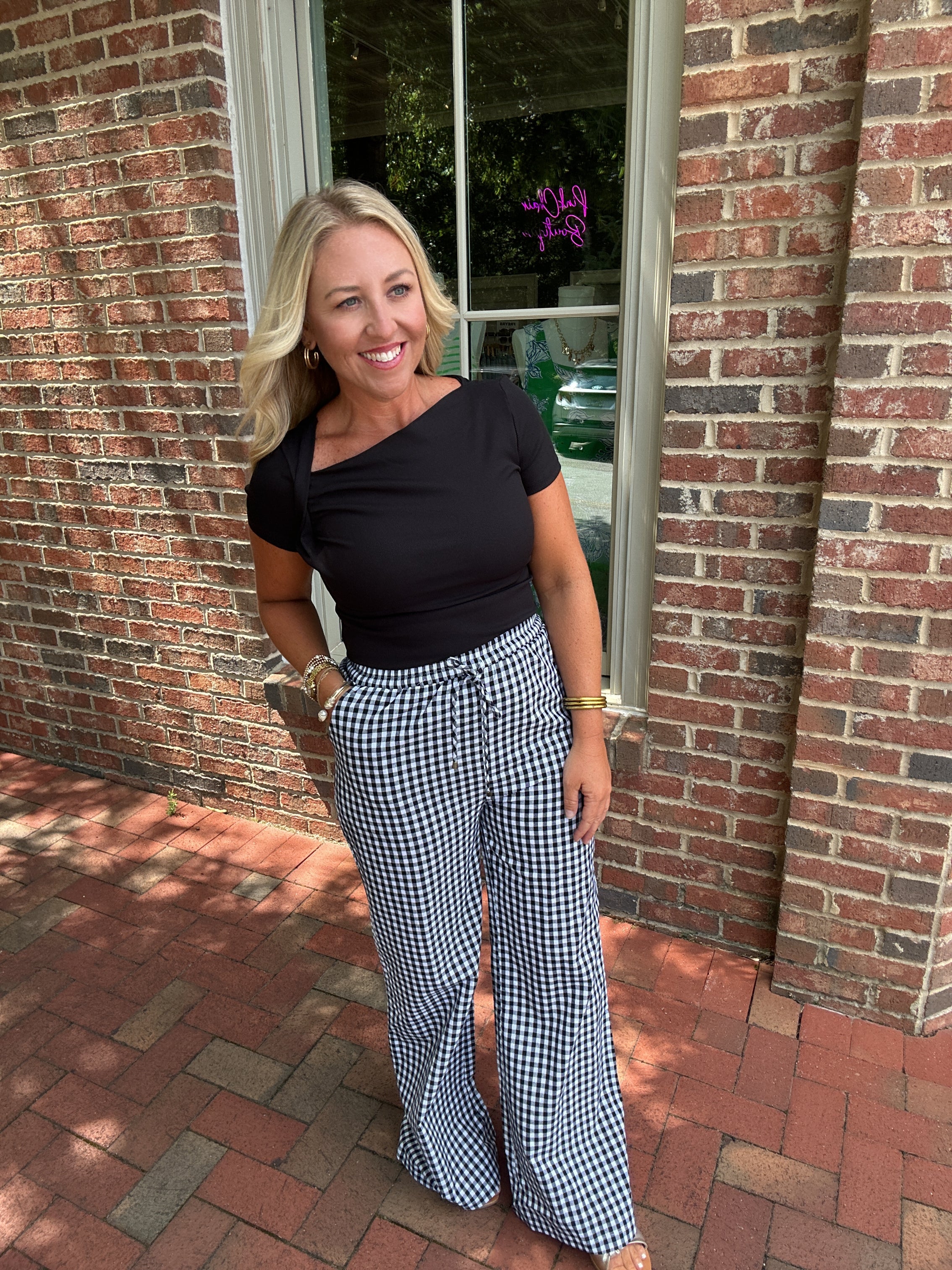 Right On Gingham Wide Leg Pants with Elastic Waist