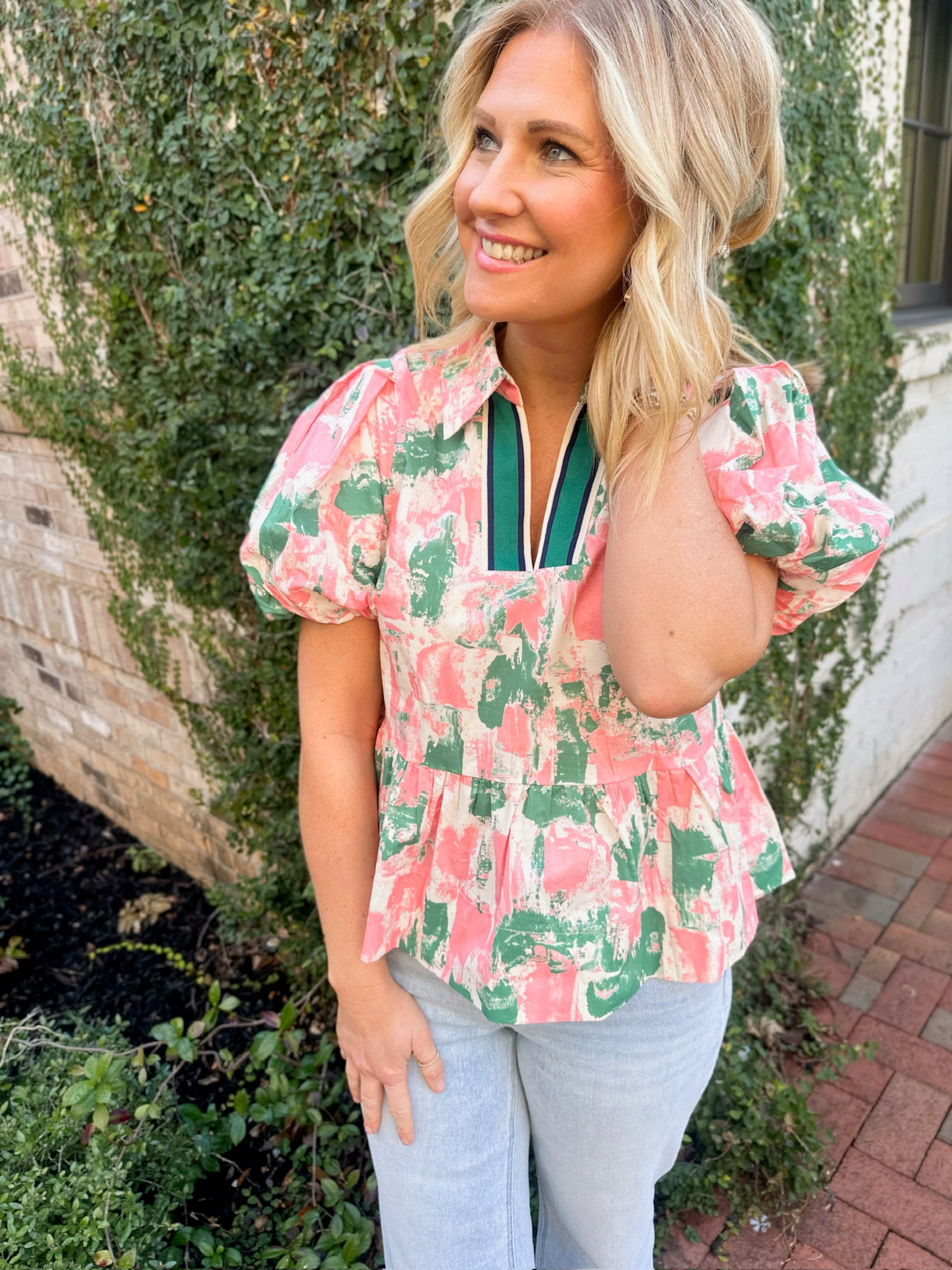 Spring On My Mind Baby Doll Pink and Green Short Sleeve Top