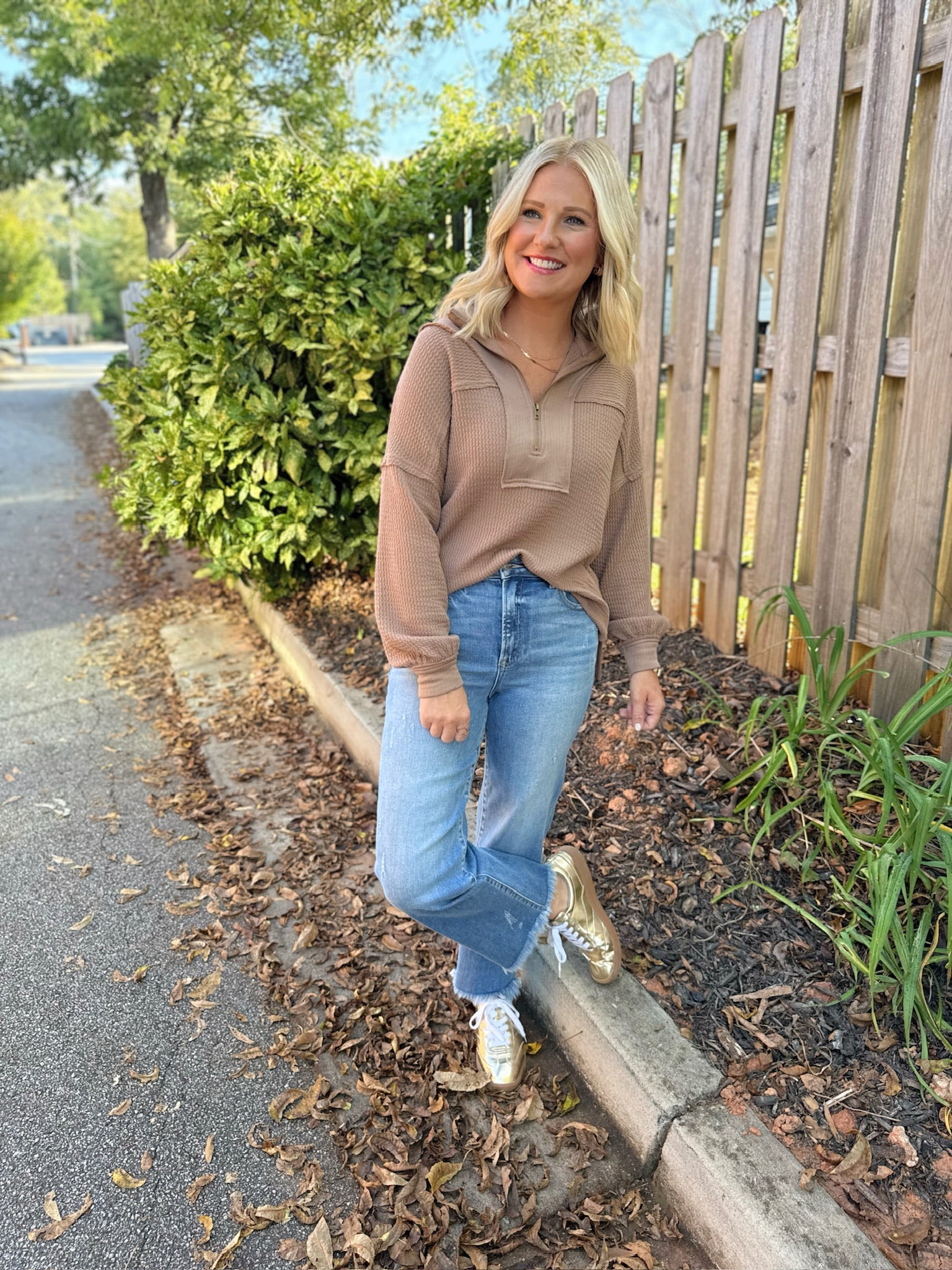 Cant Deny Half Zip Collar Long Sleeve Waffle Knit Top in Mocha