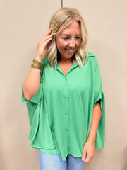 I Like The Way Textured Short Batwing Sleeve Button Down Top- Ibiza Green