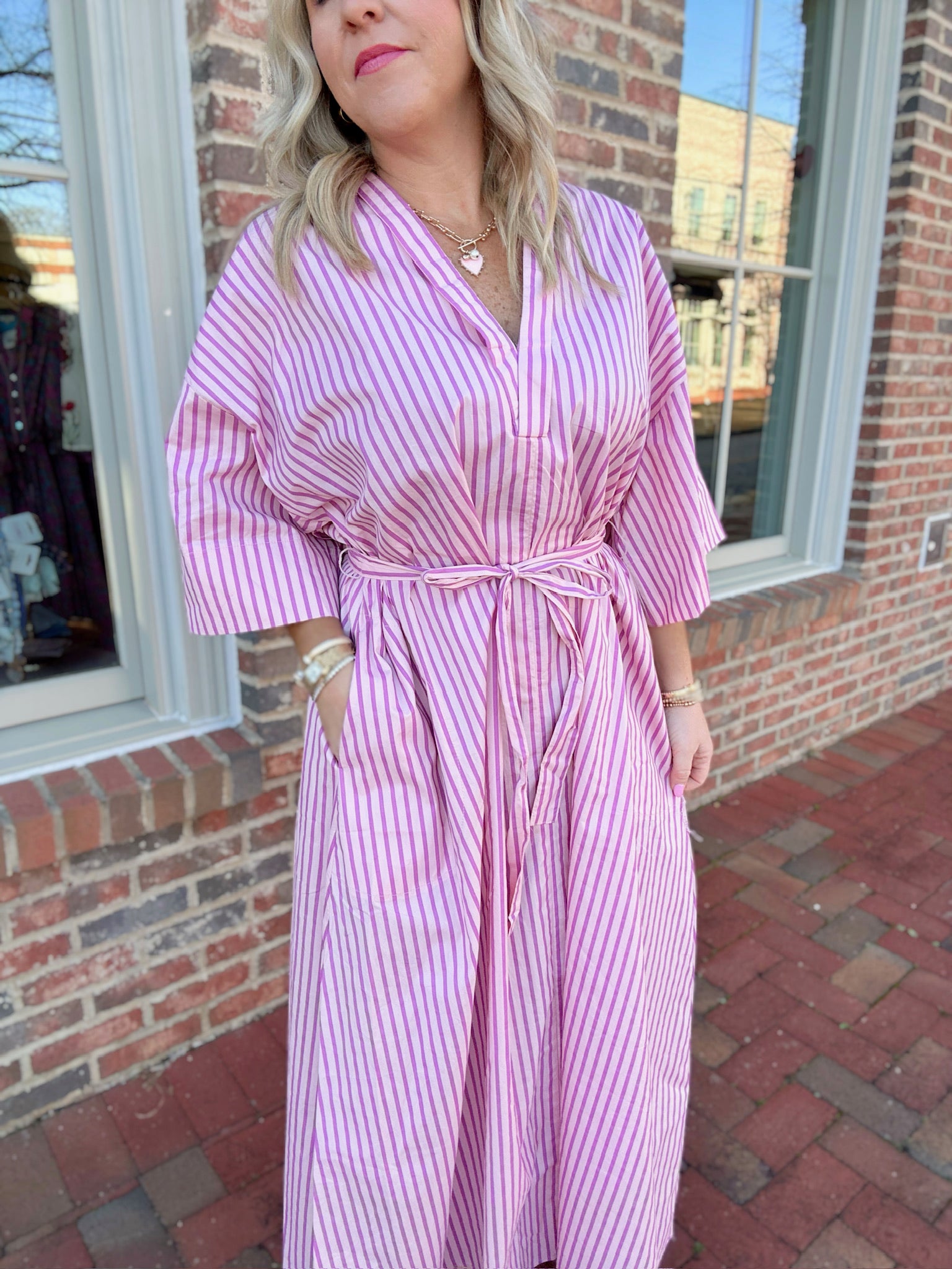 Cancel Your Plans Belted Relaxed Stripe Midi Dress