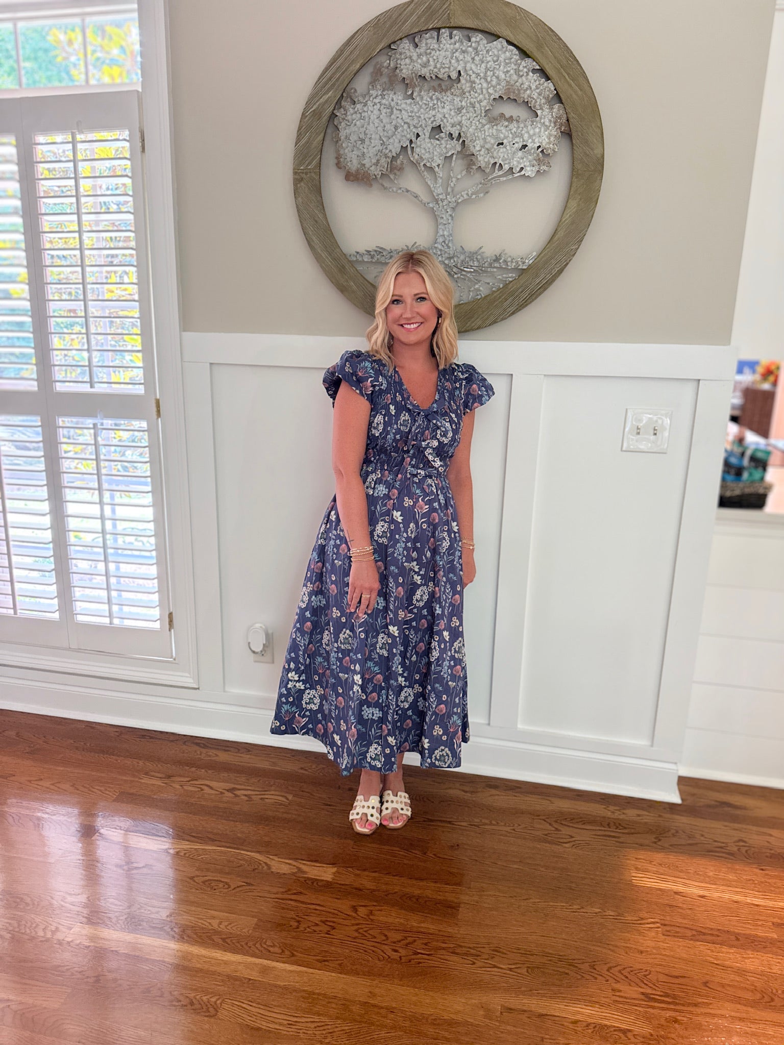 In The Midnight Sky Floral Cinched Flutter Sleeve Midi Dress