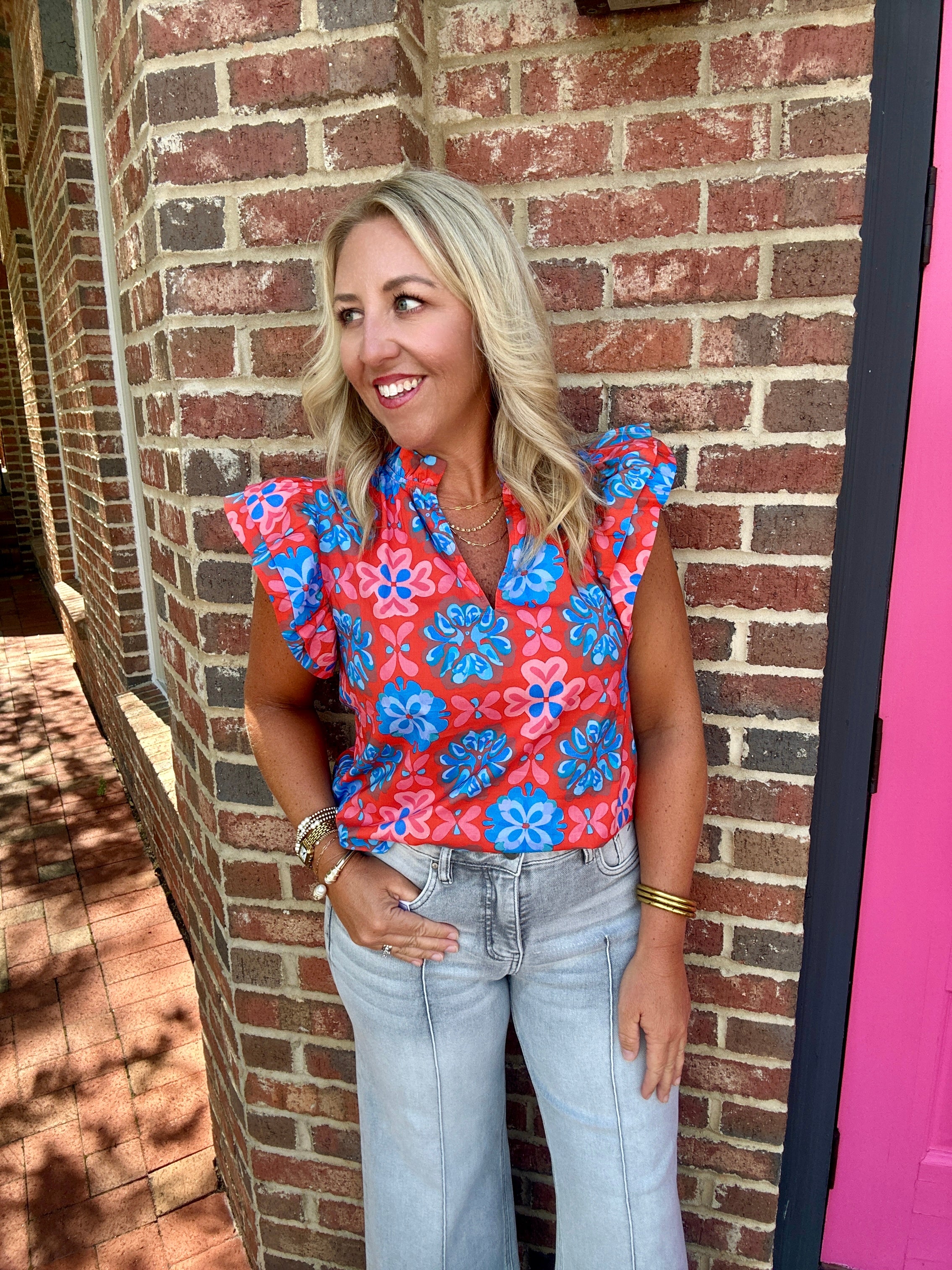 Charleston Floral Print Ruffle Sleeve Top