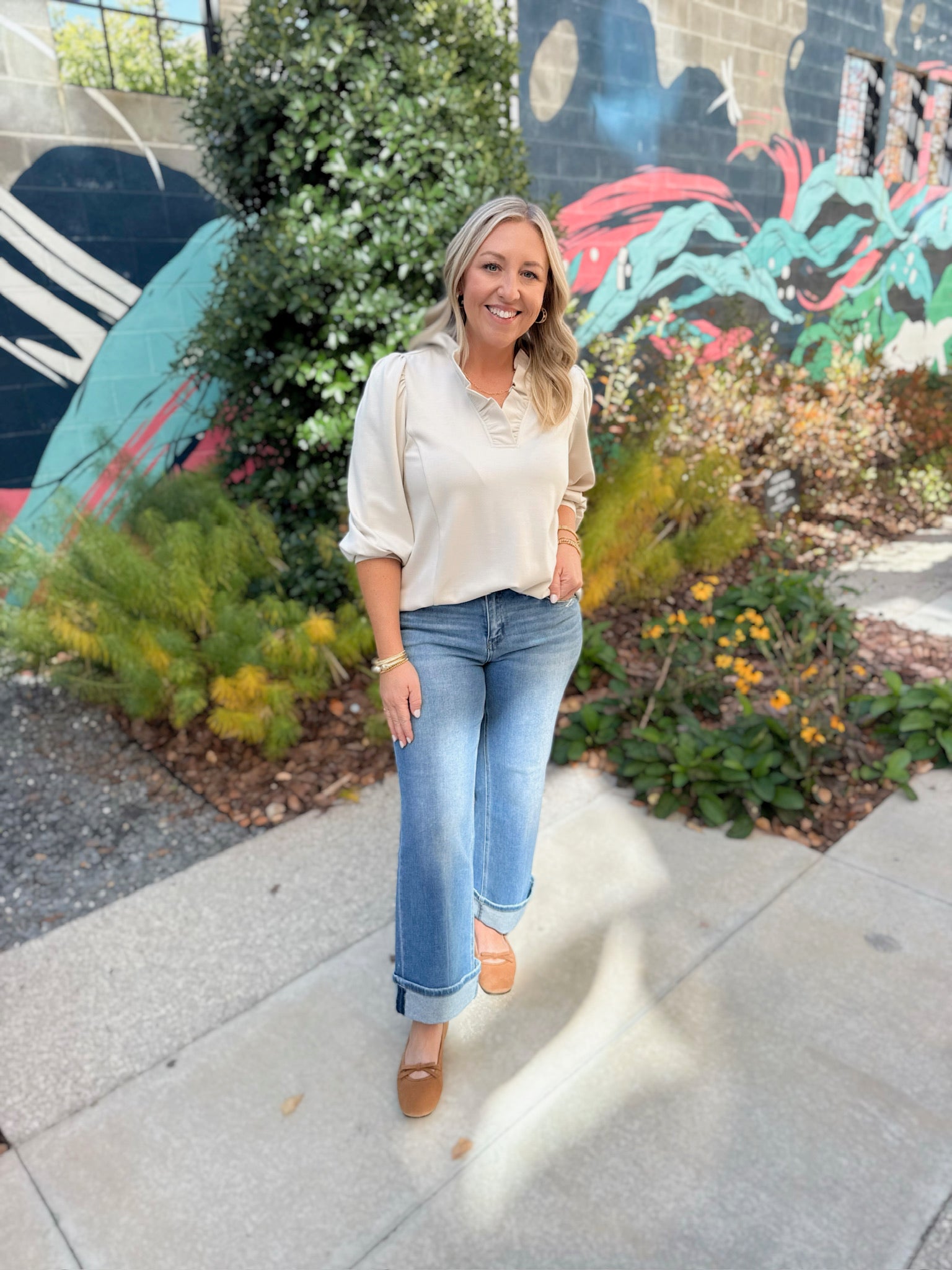 One on You Ruffled Collar 3/4 Length Top