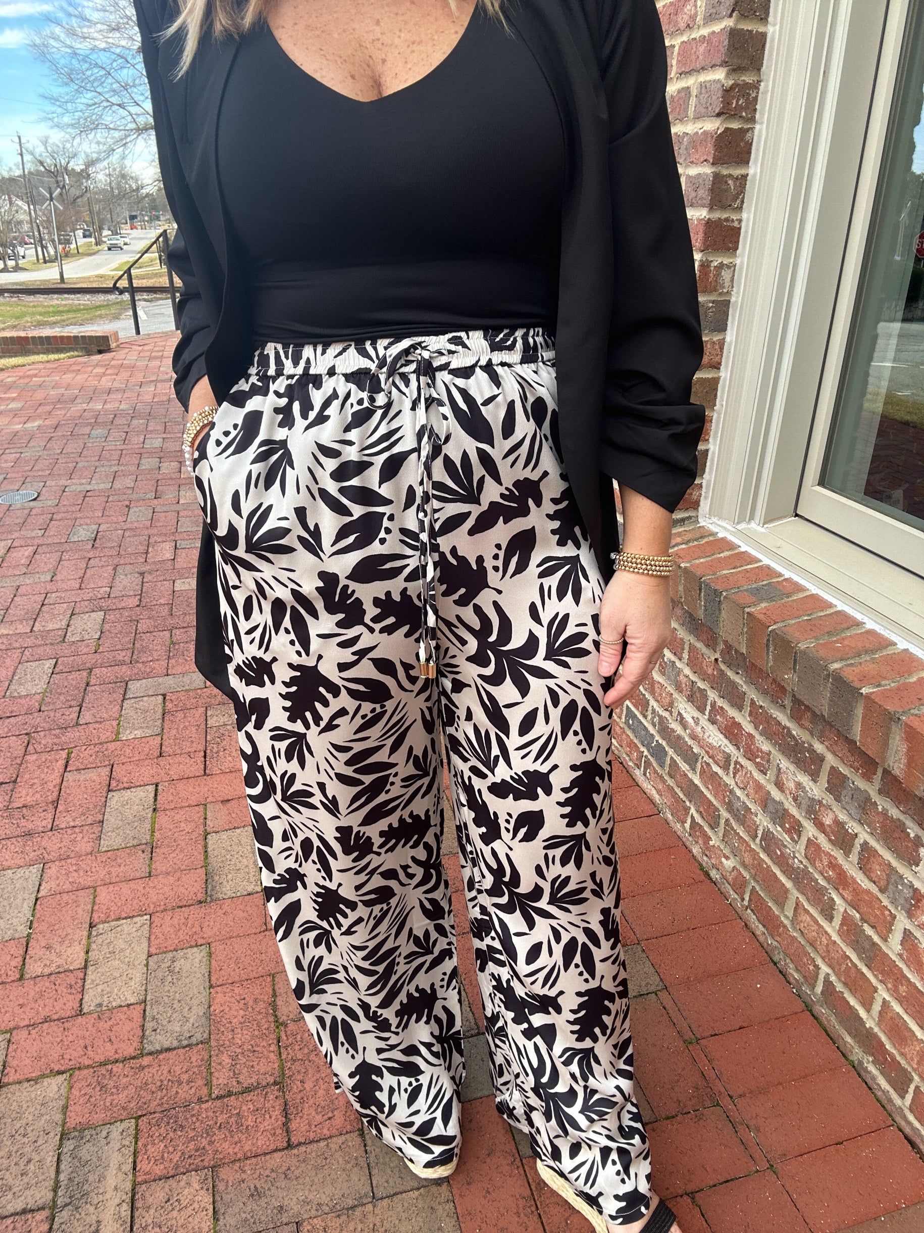 Palm Skies White and Black Satin Wide Leg High Waisted Pants