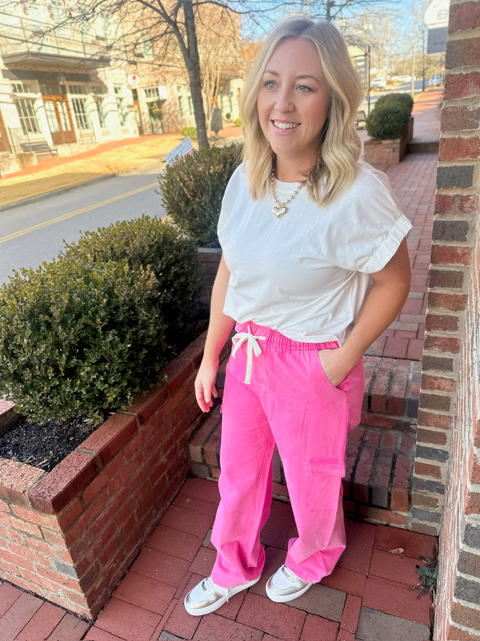 Small Town Washed Denim Drawstring Cargo Pants in Pink