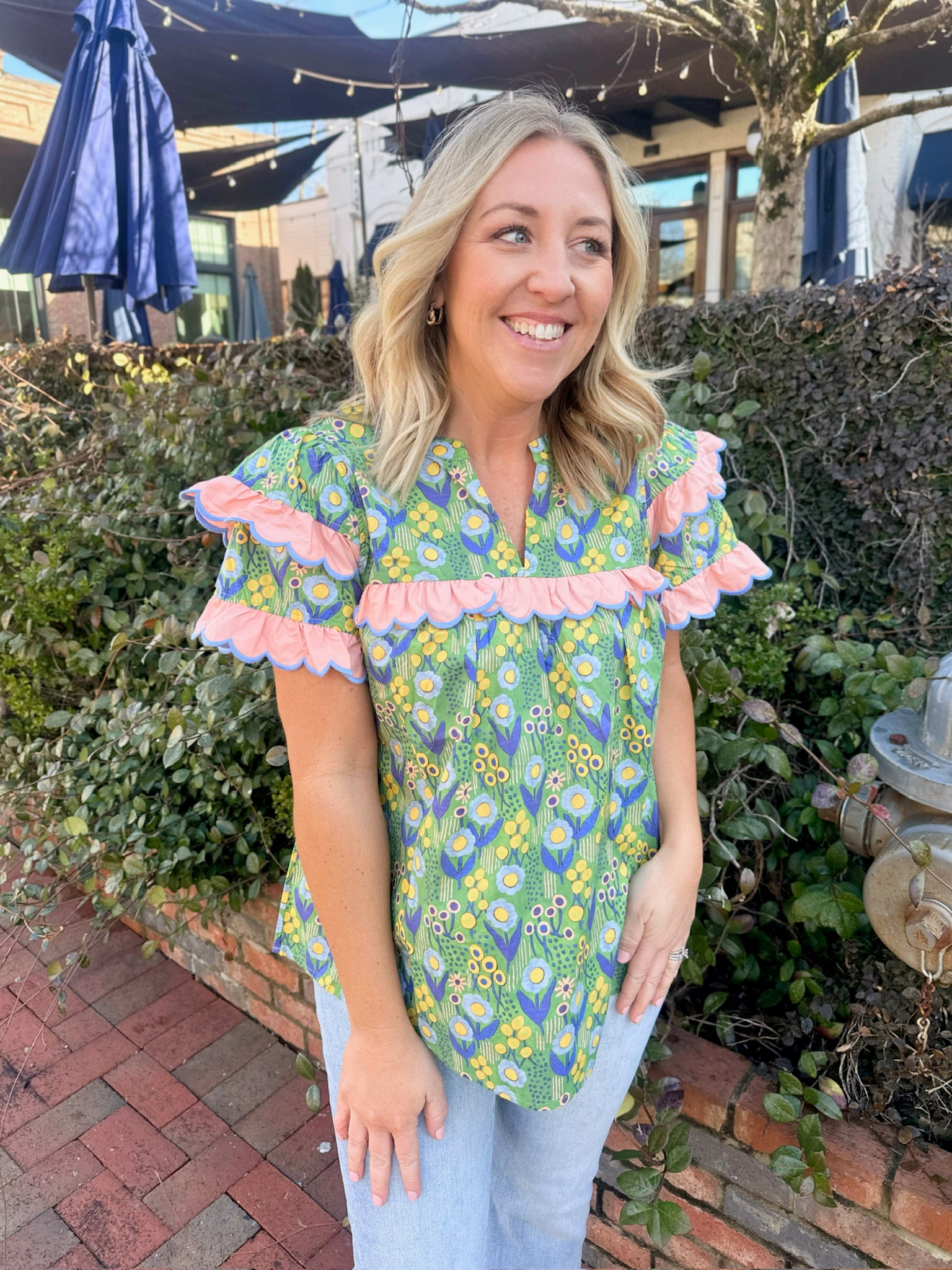 Slow It Down Scalloped Detail Short Sleeve Top in Green