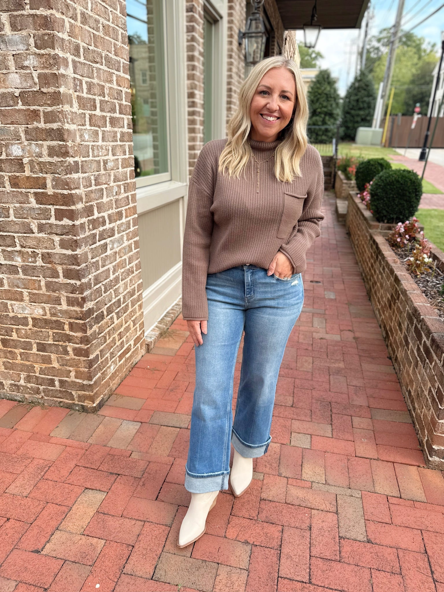 Hard Truth Mock Neck Pocket Detail Long Sleeve Sweater Top in Mocha