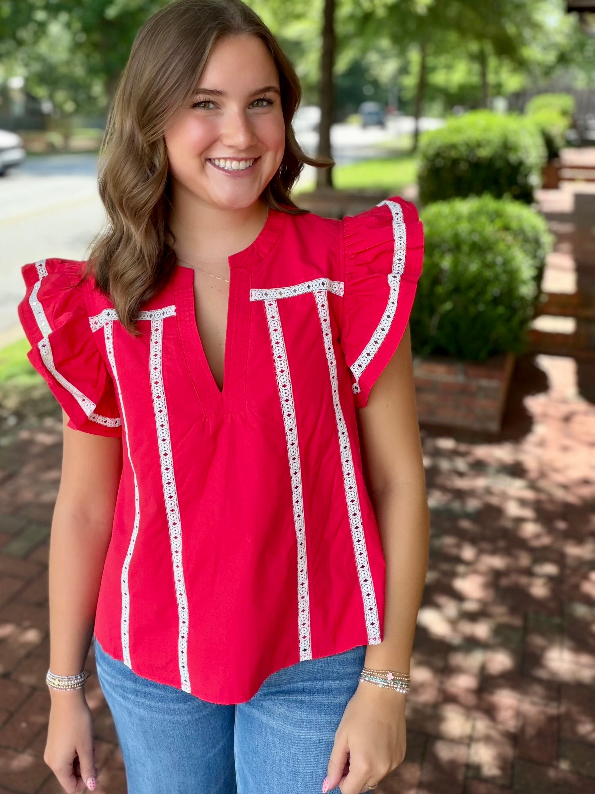 All for You Lace Trim Flutter Ruffle Sleeve Poplin Top