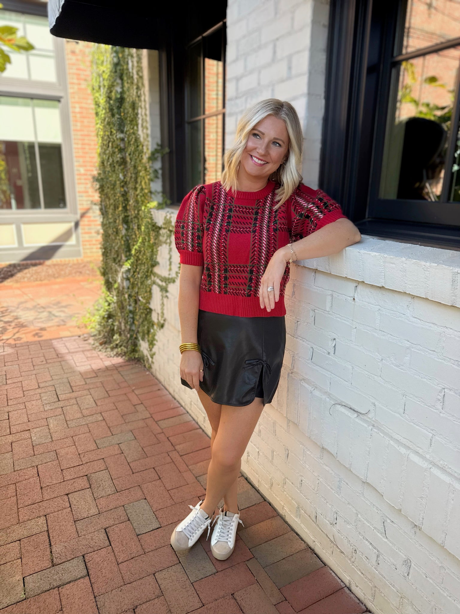 Holiday Spirit Cropped Plaid Short Sleeve Knit Top