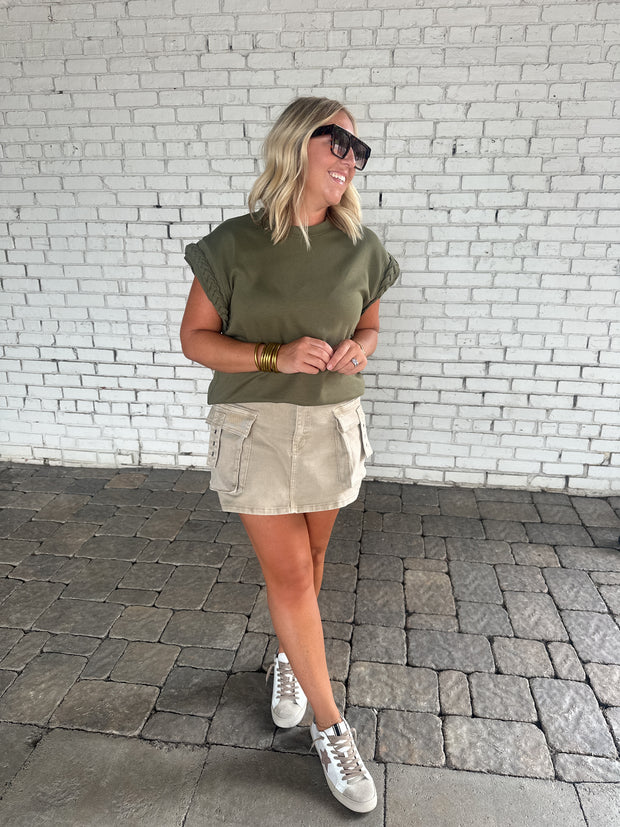 Walking By Olive Cable Embellish Cap Sleeve Top