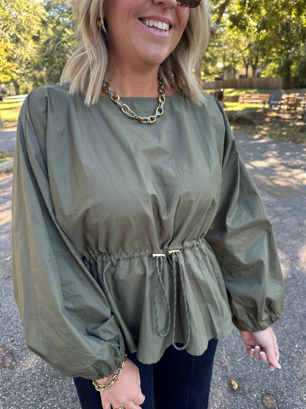 Cinched In Olive Long Sleeve Top