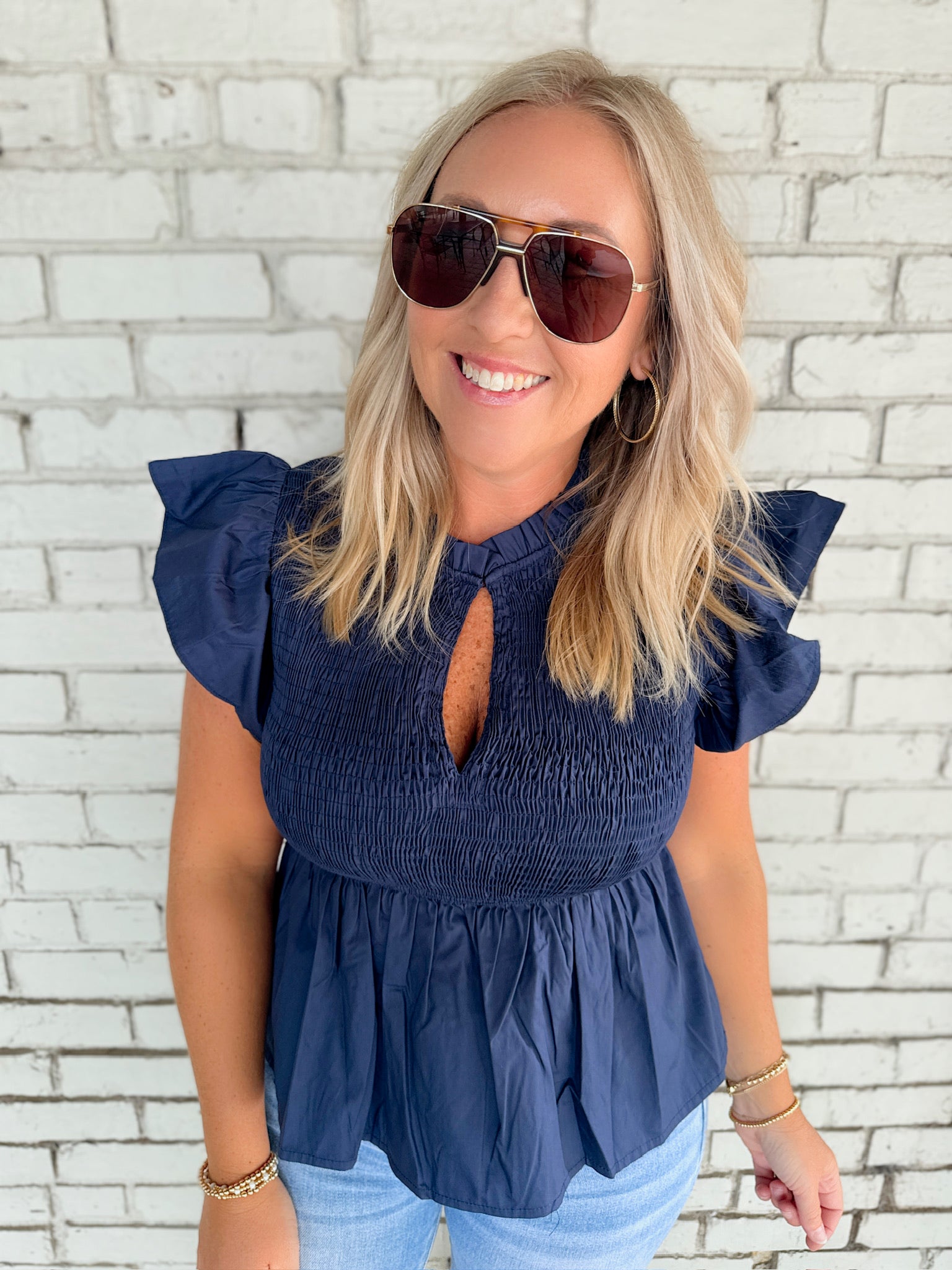 Head in the Game Smocked Top with Flutter Sleeve