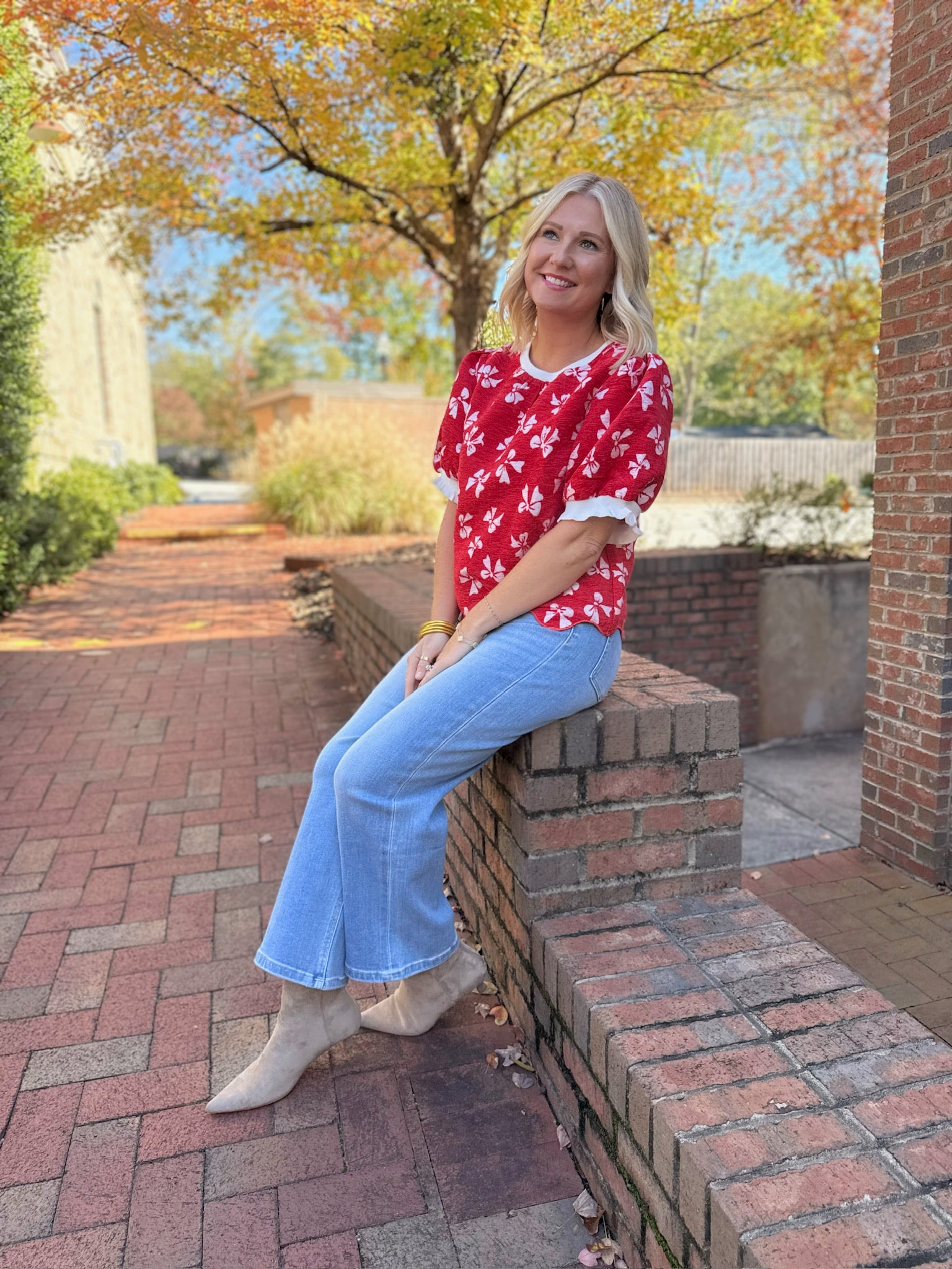 Winter With You Bow Print Short Sleeve Velvet Top