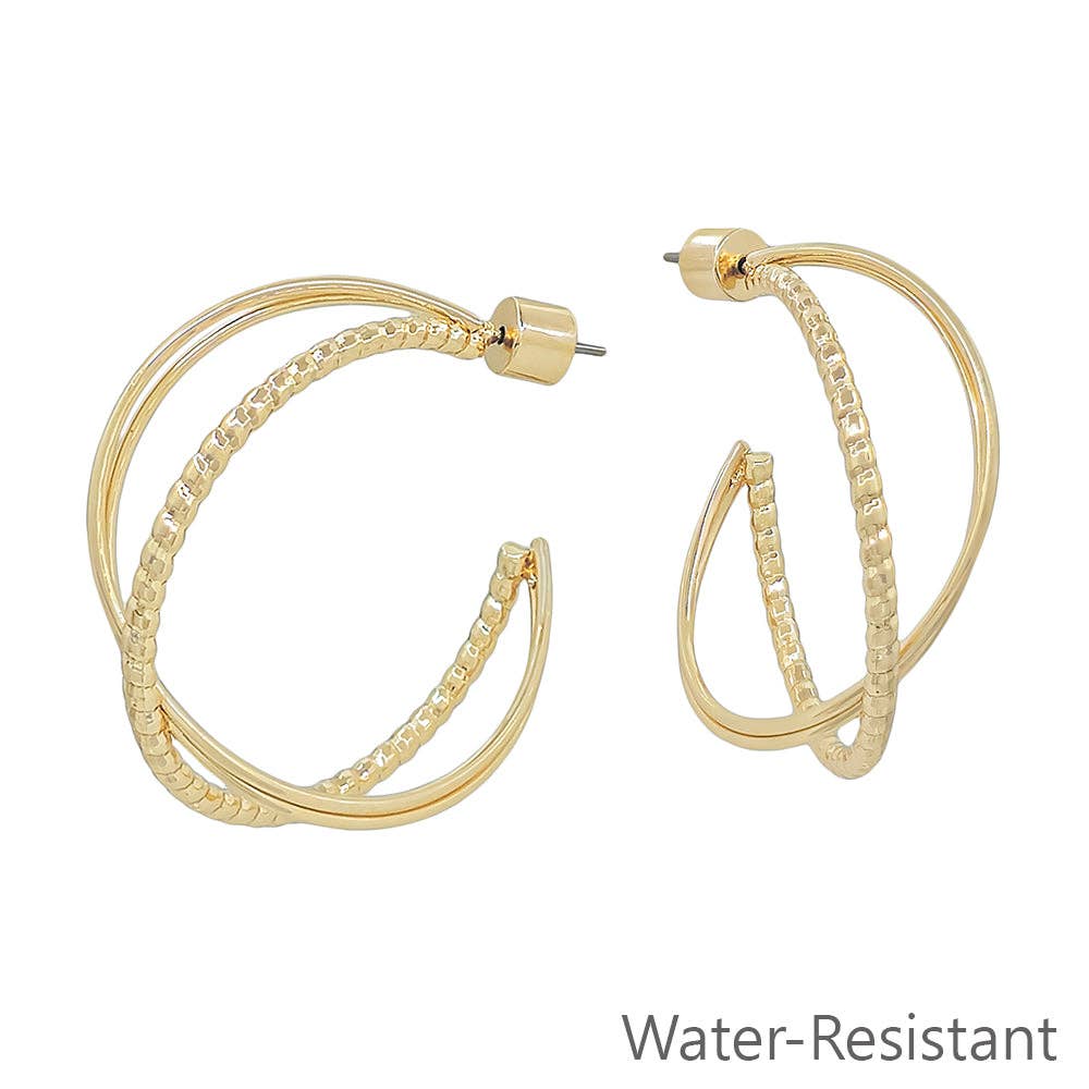 Gold Textured Twisted X 1.25" Hoop Earring